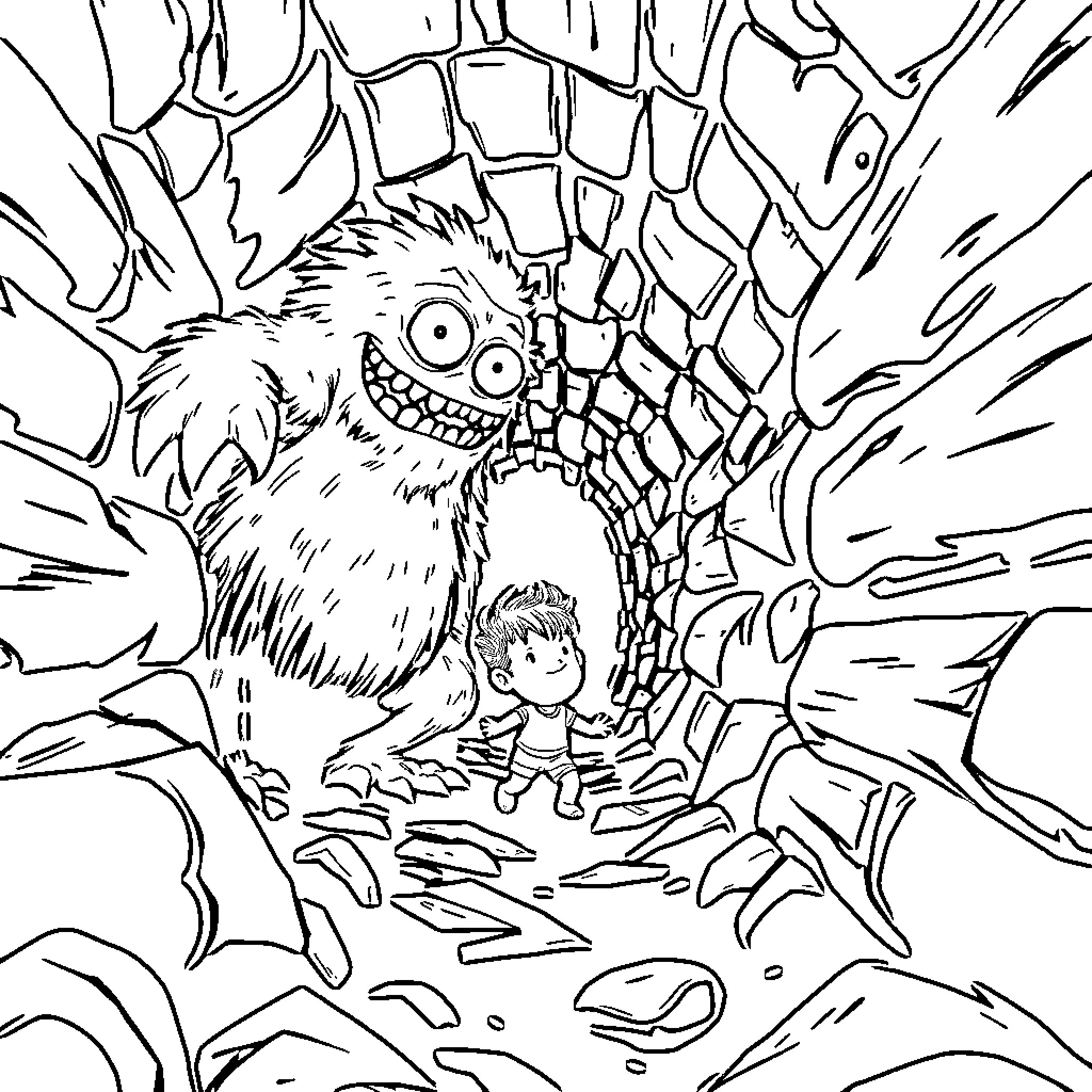 Huggy Creature's Curious Encounter Coloring Page (free black-and-white line drawing printable PDF for all, from beginners to advanced learners, including children, teens, adults, and seniors)