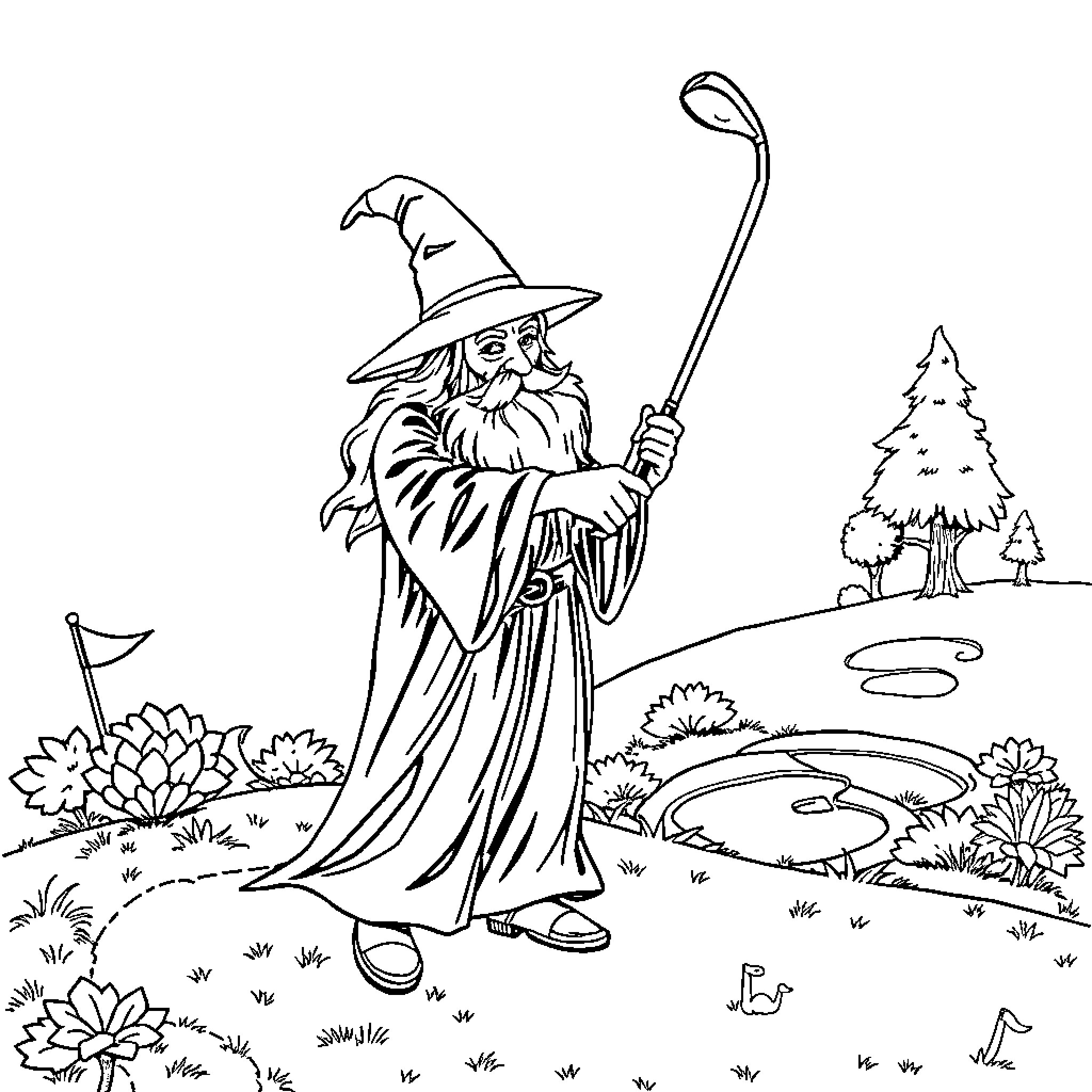 Gandolf the wizard in a fantastical landscape Coloring Page (free black-and-white line drawing printable PDF for all, from beginners to advanced learners, including children, teens, adults, and seniors)