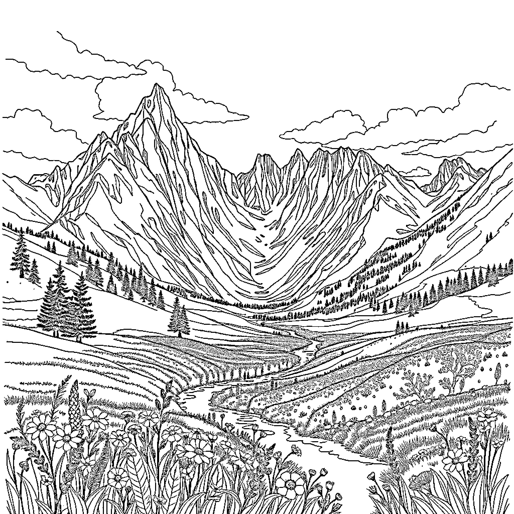 Mountain landscape with rugged peaks and lush meadows Coloring Page (free black-and-white line drawing printable PDF for all, from beginners to advanced learners, including children, teens, adults, and seniors)