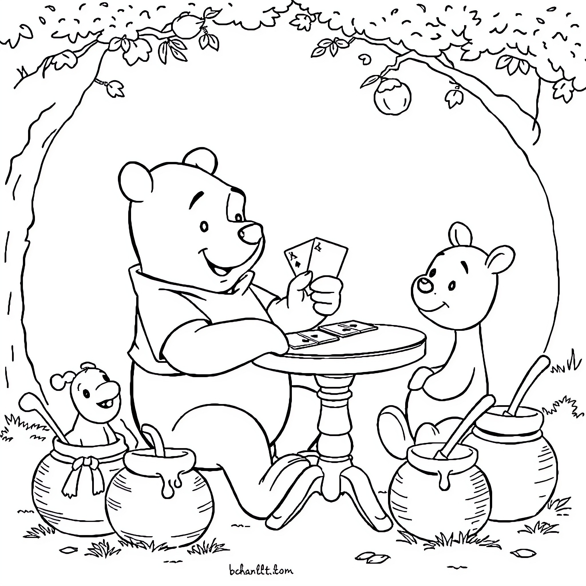 Winnie The Pooh playing cards with friends in the woods Coloring Page (free black-and-white line drawing printable PDF for all, from beginners to advanced learners, including children, teens, adults, and seniors)