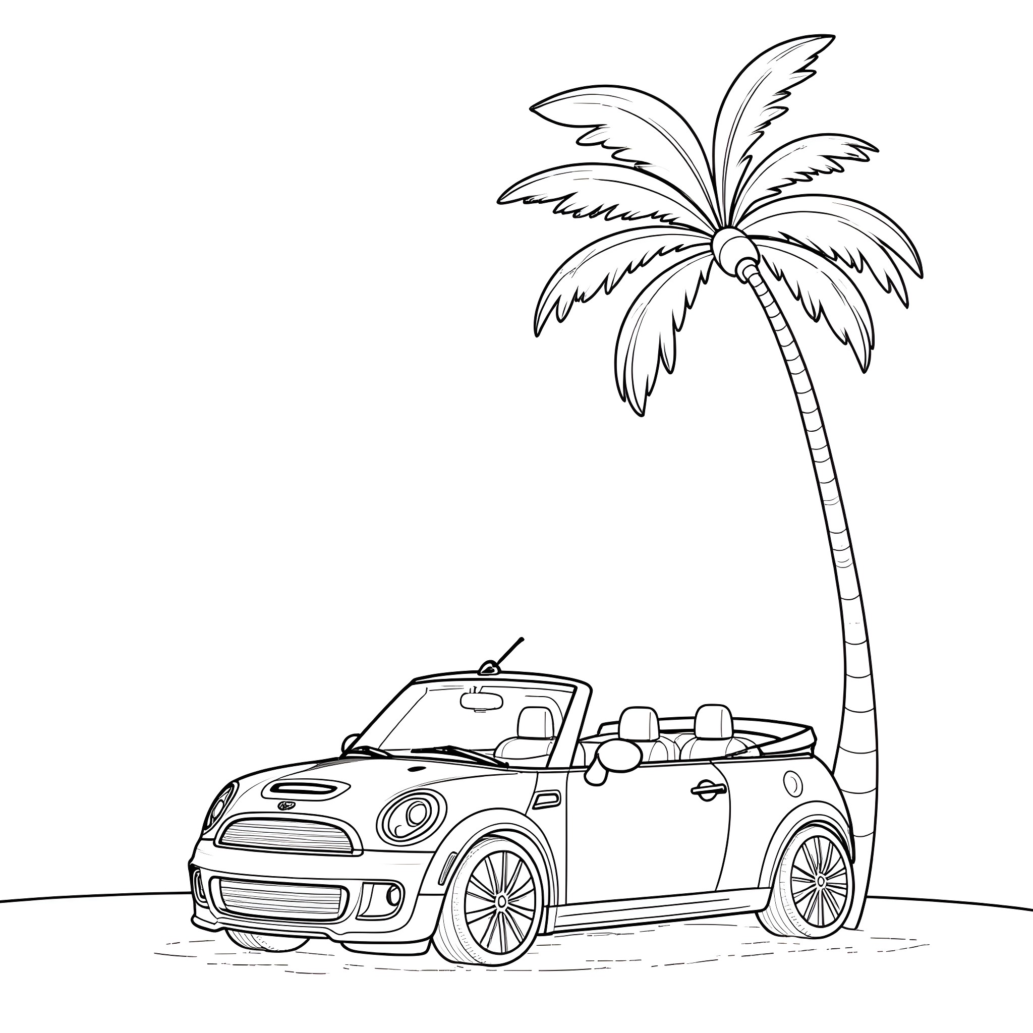 BMW Mini convertible car under palm tree Coloring Page (free black-and-white line drawing printable PDF for all, from beginners to advanced learners, including children, teens, adults, and seniors)
