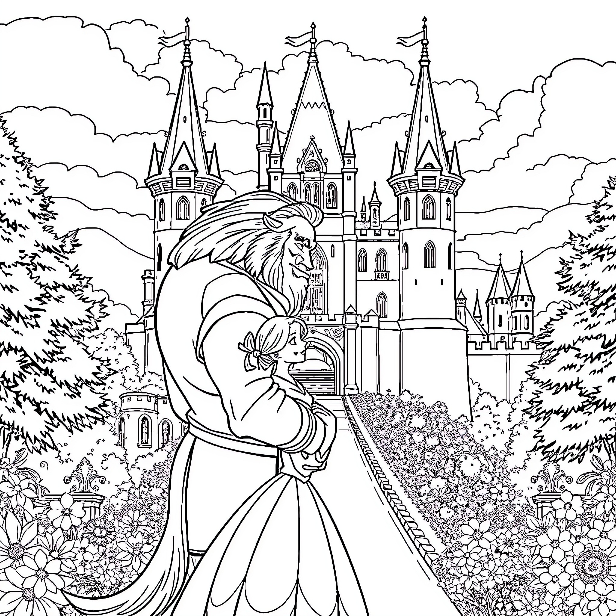 Belle exploring the enchanted castle with wonder Coloring Page (free black-and-white line drawing printable PDF for all, from beginners to advanced learners, including children, teens, adults, and seniors)