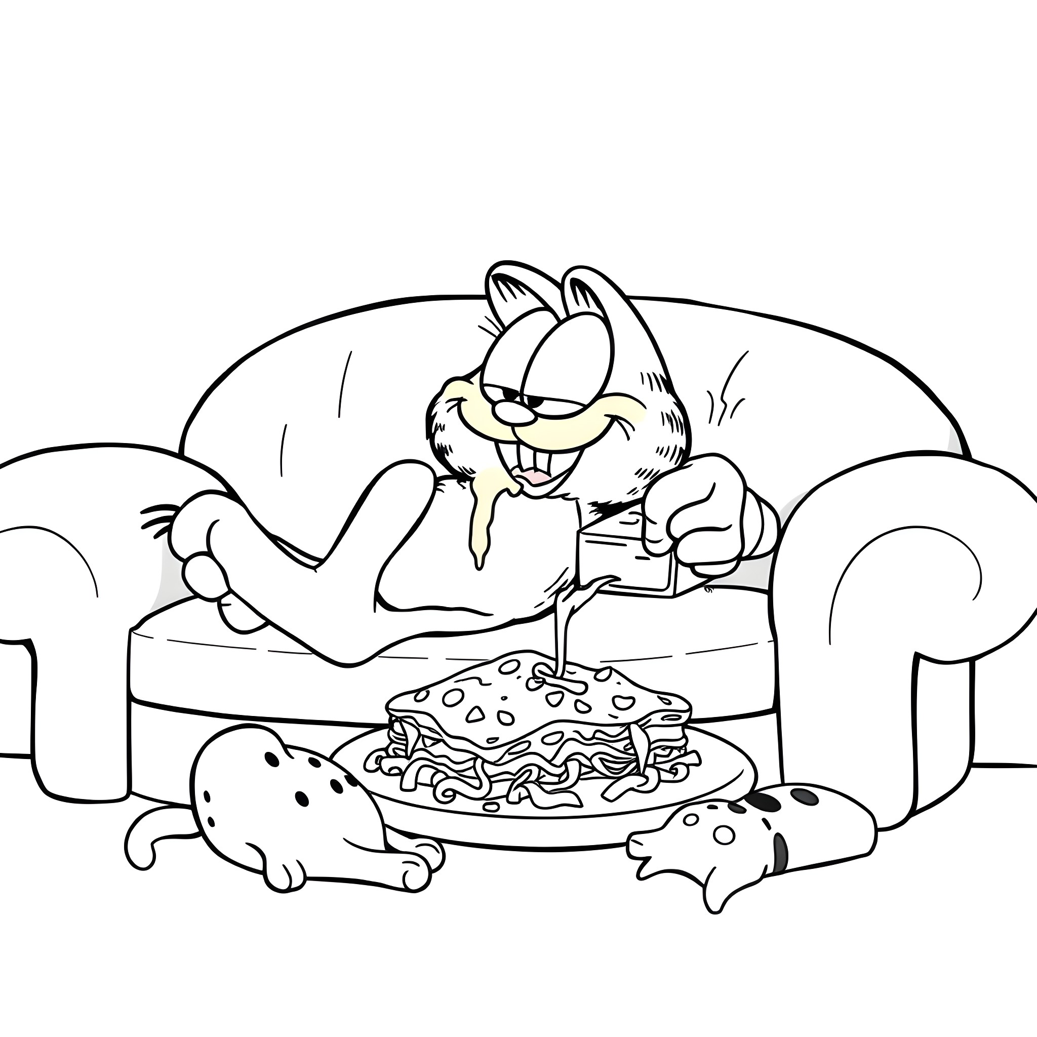 Garfield enjoying a delicious meal on the couch Coloring Page (free black-and-white line drawing printable PDF for all, from beginners to advanced learners, including children, teens, adults, and seniors)