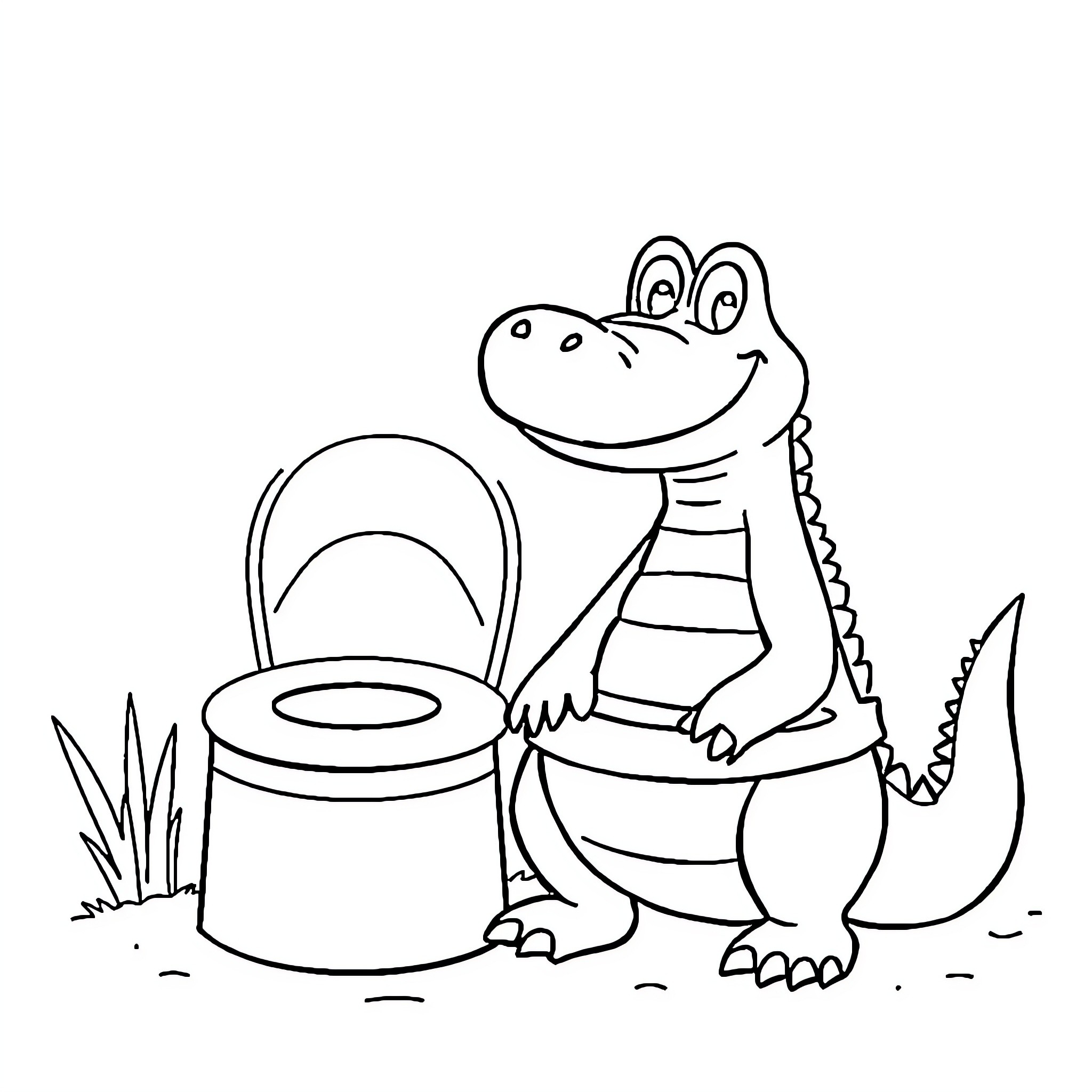 Potty Time with a Playful Alligator Coloring Page (free black-and-white line drawing printable PDF for all, from beginners to advanced learners, including children, teens, adults, and seniors)