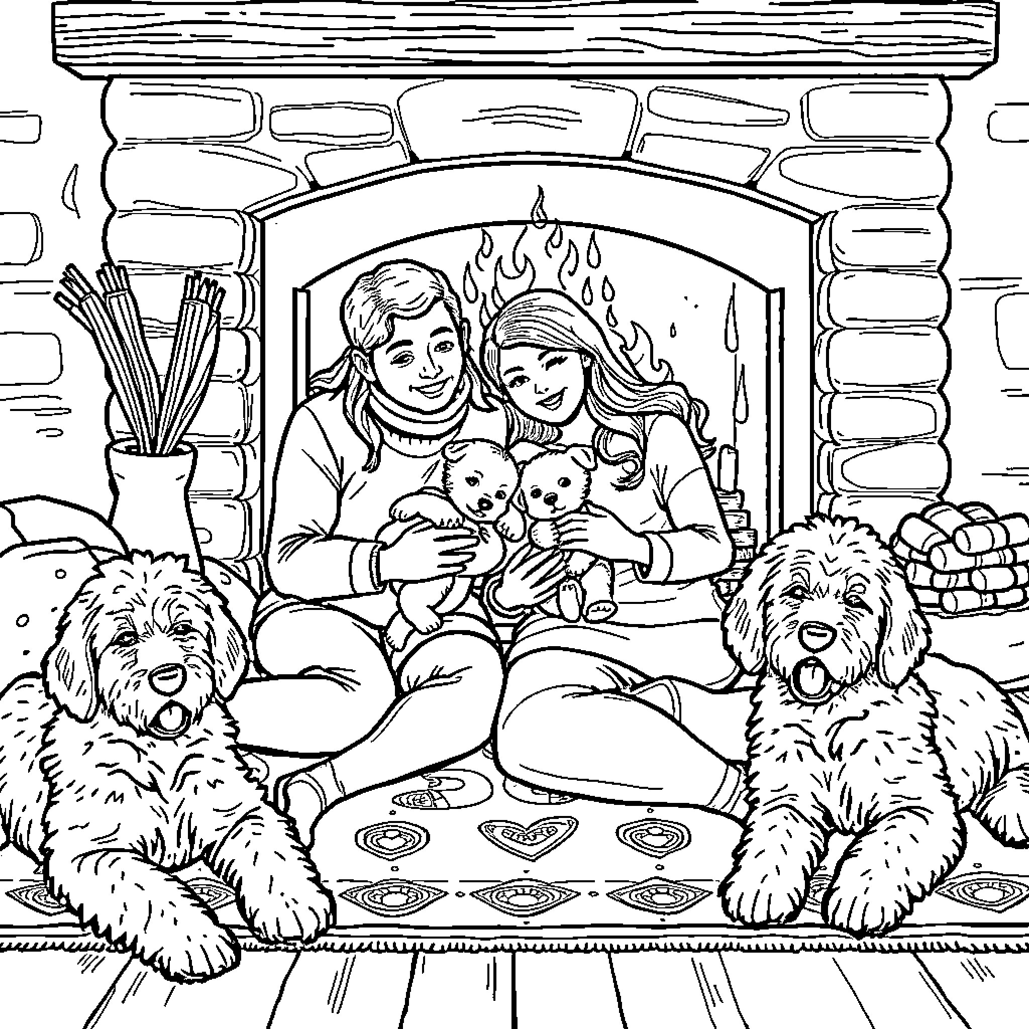 Family Relaxing by the Fireplace with Pets Coloring Page (free black-and-white line drawing printable PDF for all, from beginners to advanced learners, including children, teens, adults, and seniors)