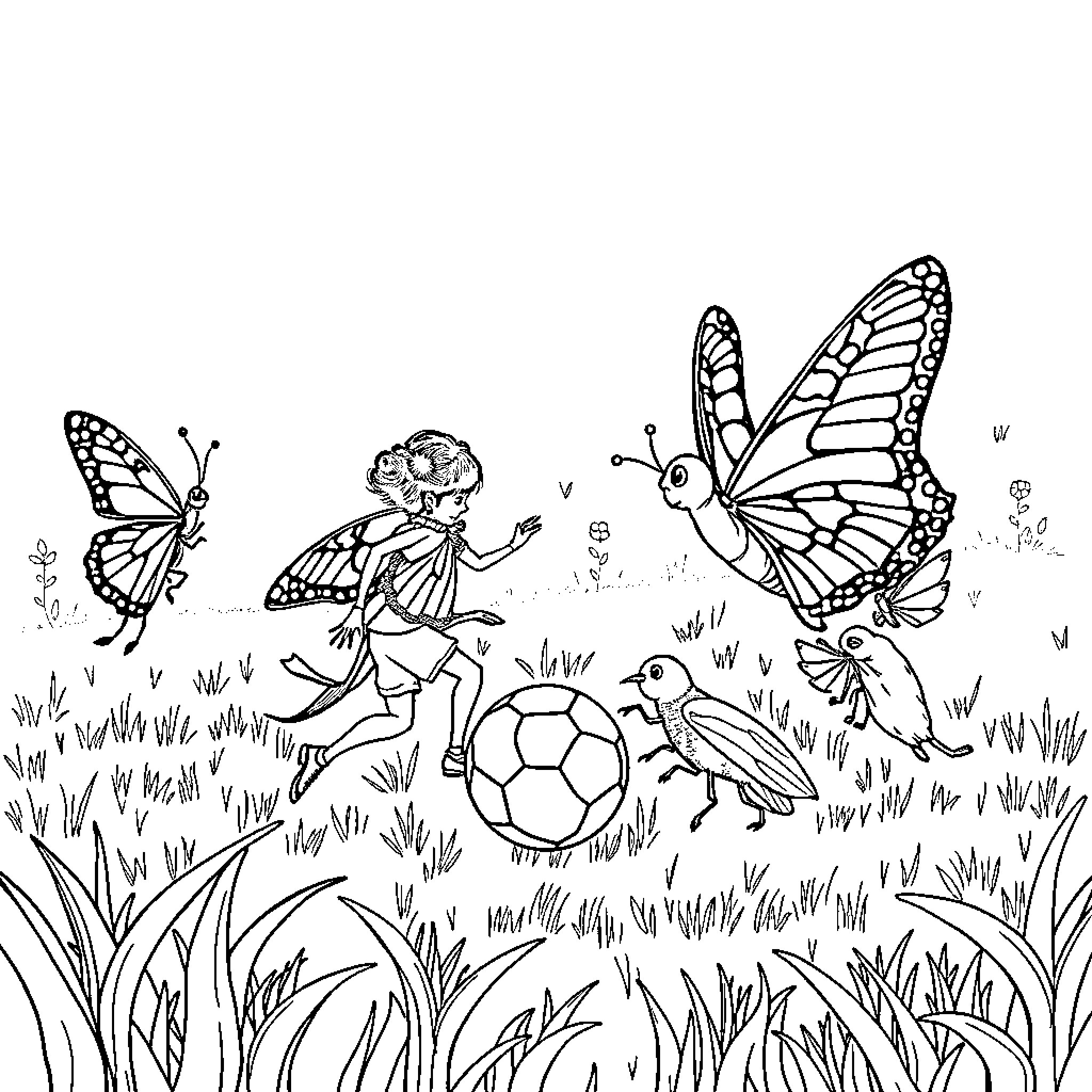 Insect-themed characters engaging in outdoor activities Coloring Page (free black-and-white line drawing printable PDF for all, from beginners to advanced learners, including children, teens, adults, and seniors)