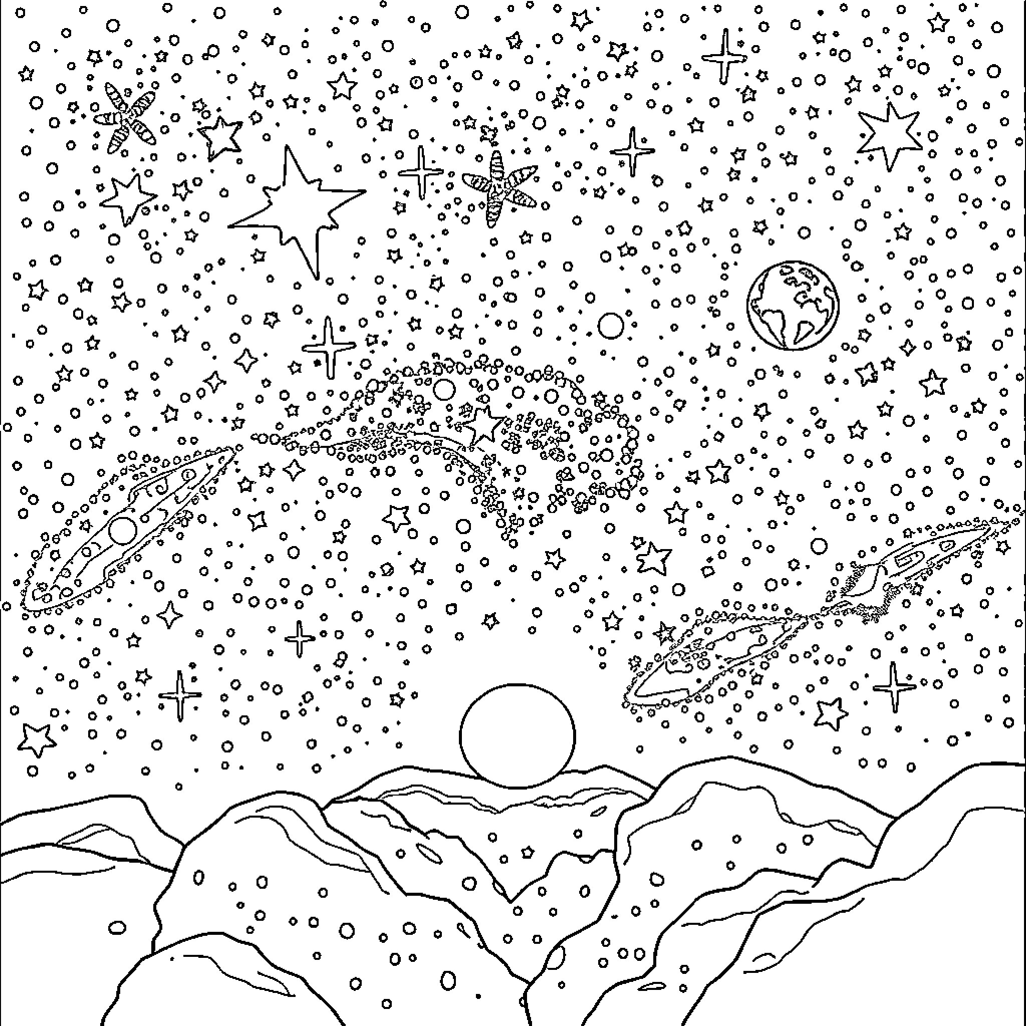 Meditation in the starry night sky Coloring Page (free black-and-white line drawing printable PDF for all, from beginners to advanced learners, including children, teens, adults, and seniors)