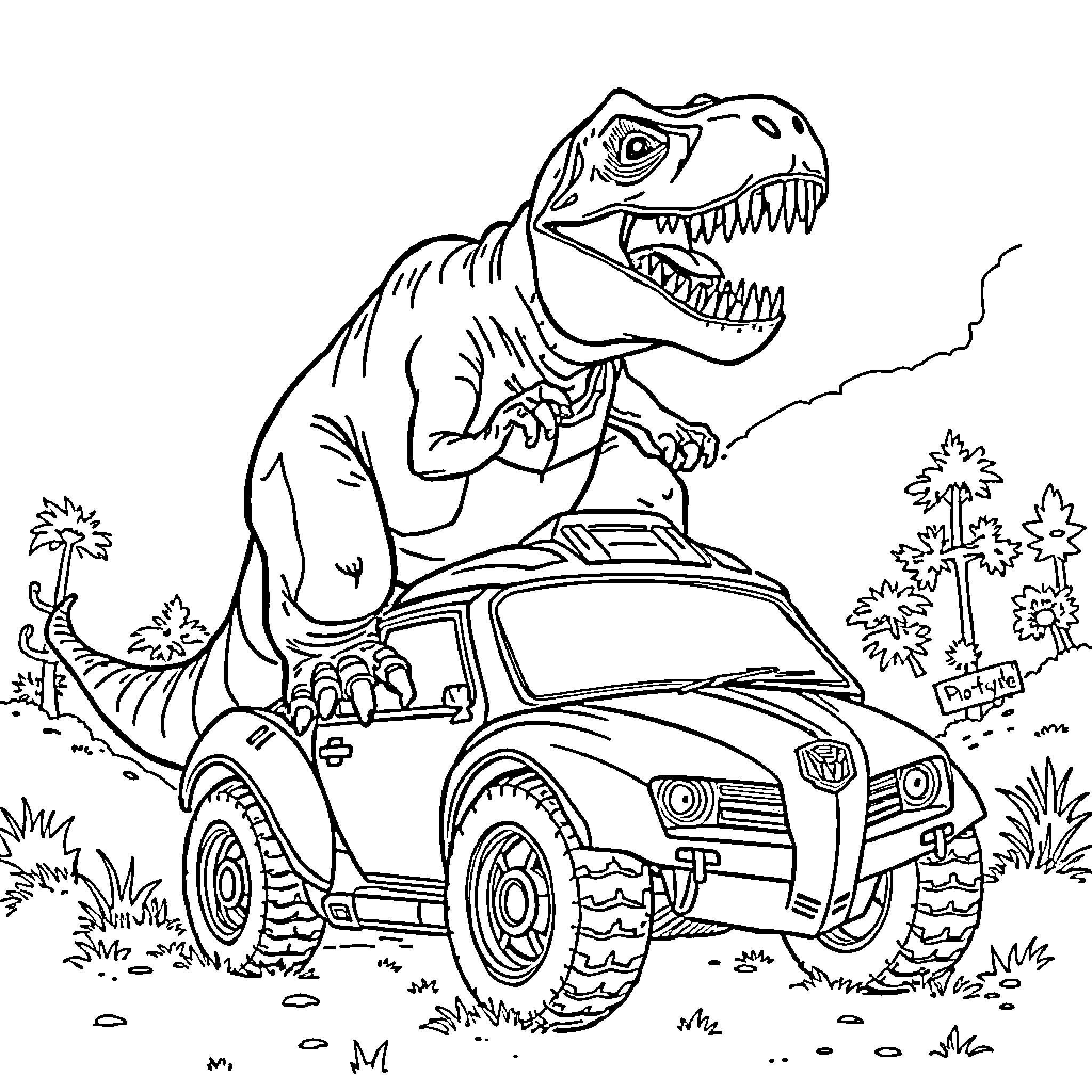 T-Rex riding a toy car through the forest Coloring Page (free black-and-white line drawing printable PDF for all, from beginners to advanced learners, including children, teens, adults, and seniors)