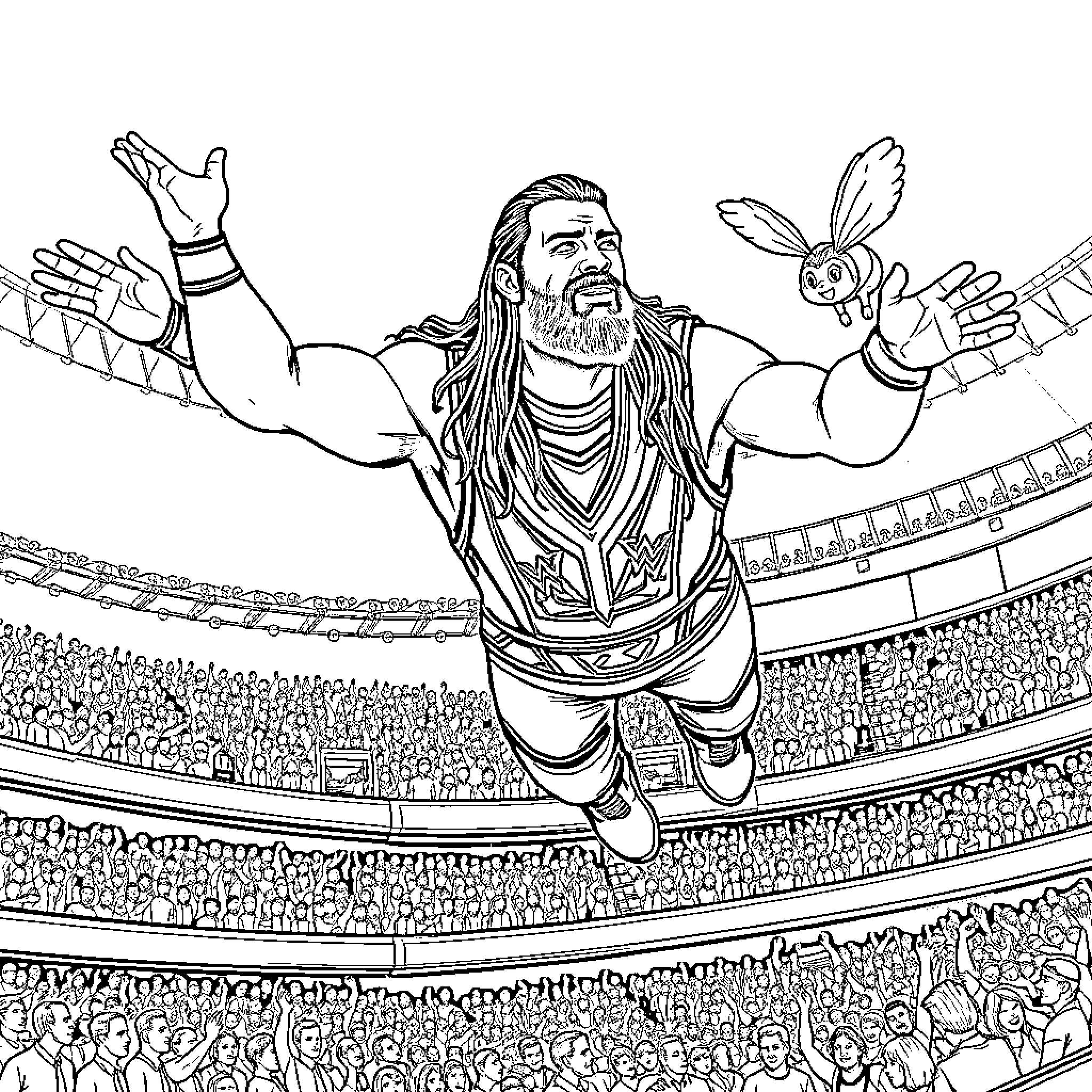Wrestler performing aerial maneuver in crowded arena Coloring Page (free black-and-white line drawing printable PDF for all, from beginners to advanced learners, including children, teens, adults, and seniors)