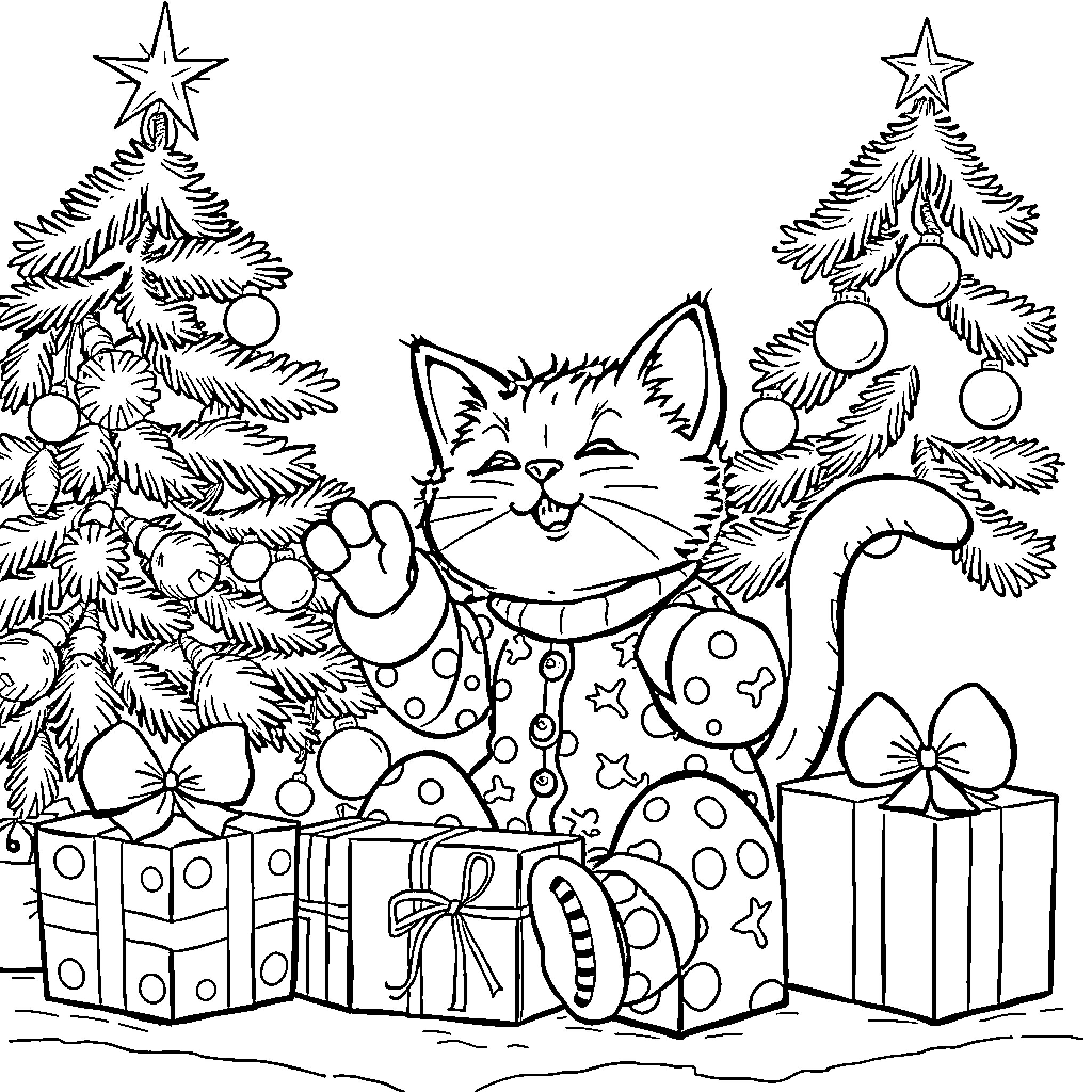 Cat playing among Christmas trees and gifts Coloring Page (free black-and-white line drawing printable PDF for all, from beginners to advanced learners, including children, teens, adults, and seniors)