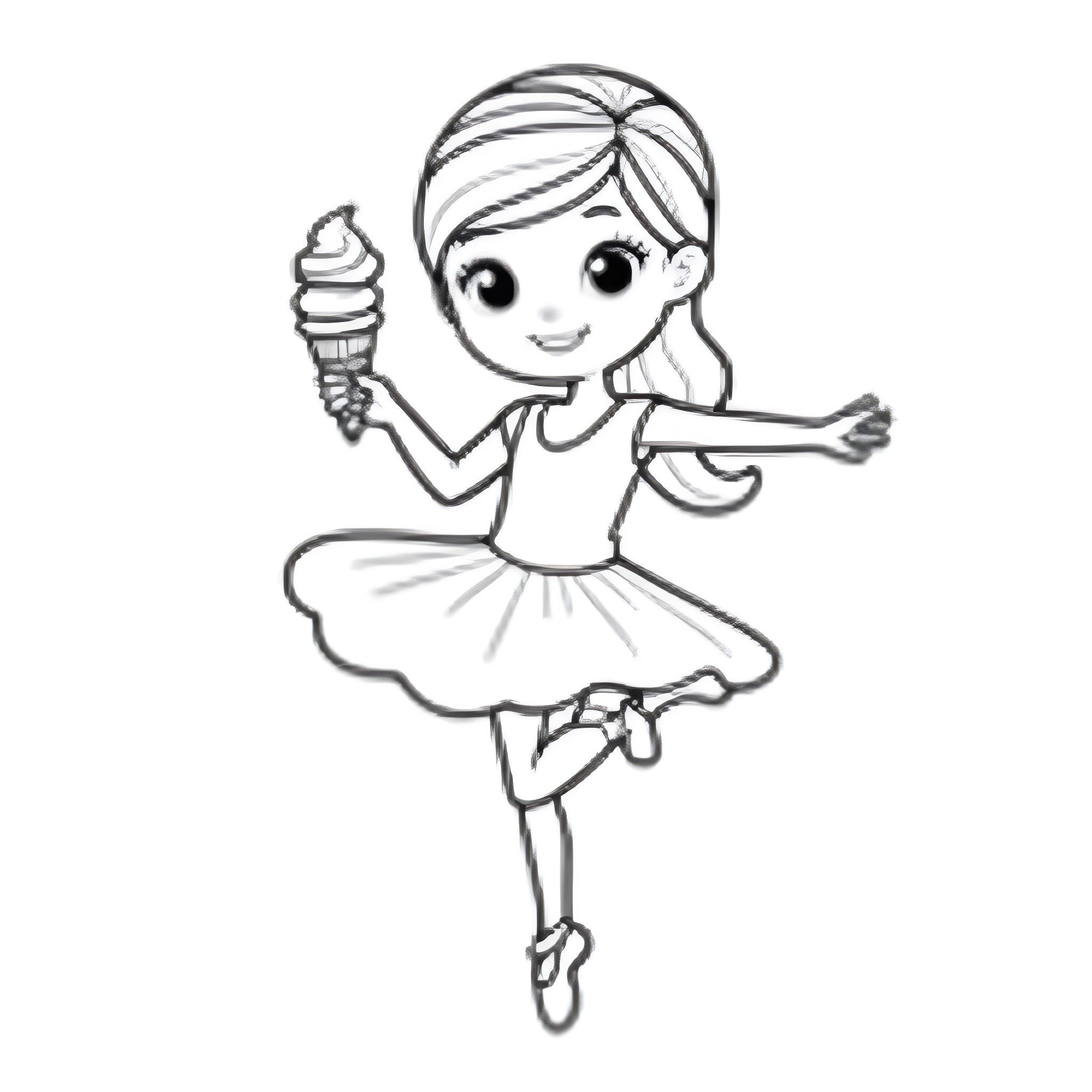 Ballerina Gracefully Dancing with Ice Cream Coloring Page (free black-and-white line drawing printable PDF for all, from beginners to advanced learners, including children, teens, adults, and seniors)