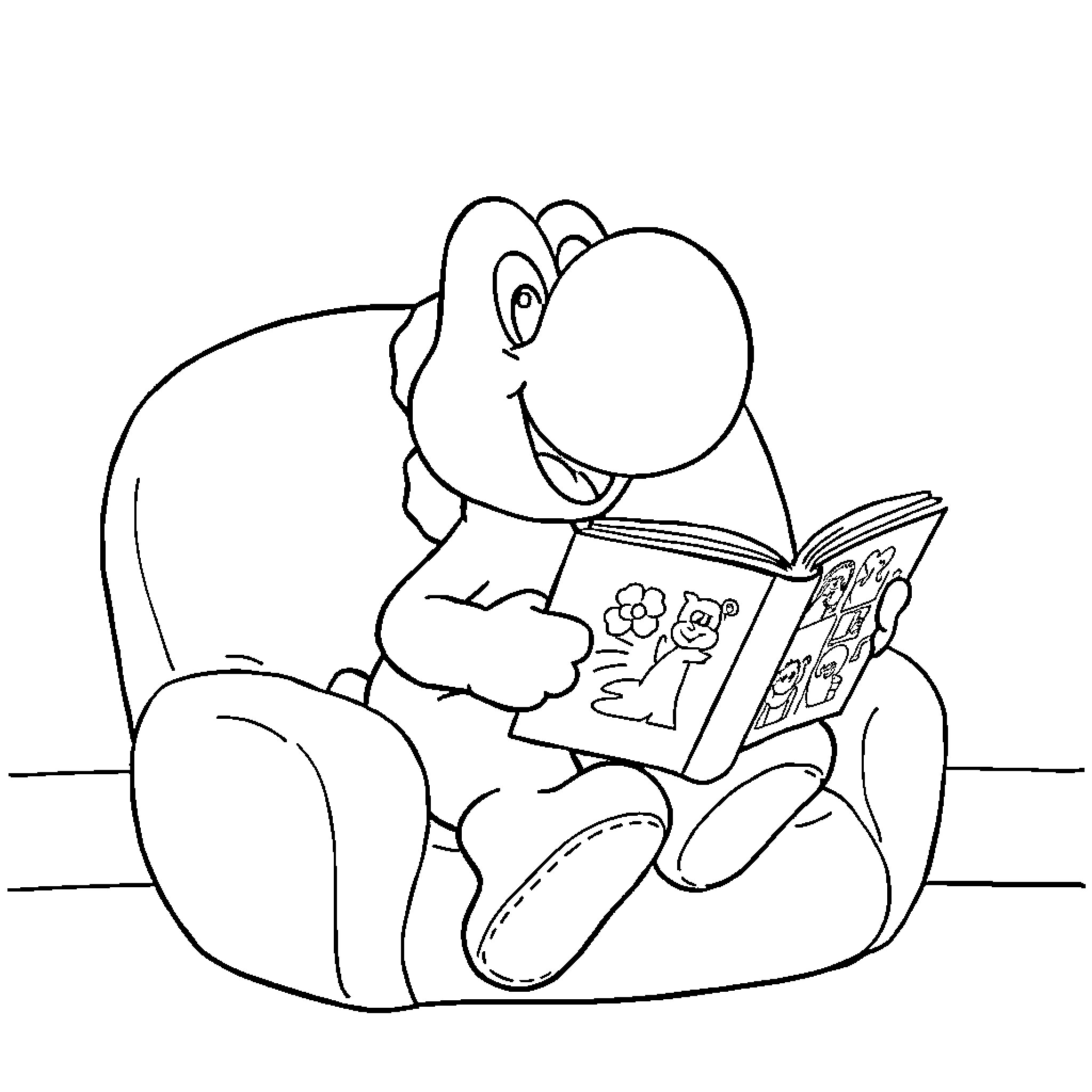 Yoshi Enjoying a Book Happily Coloring Page (free black-and-white line drawing printable PDF for all, from beginners to advanced learners, including children, teens, adults, and seniors)