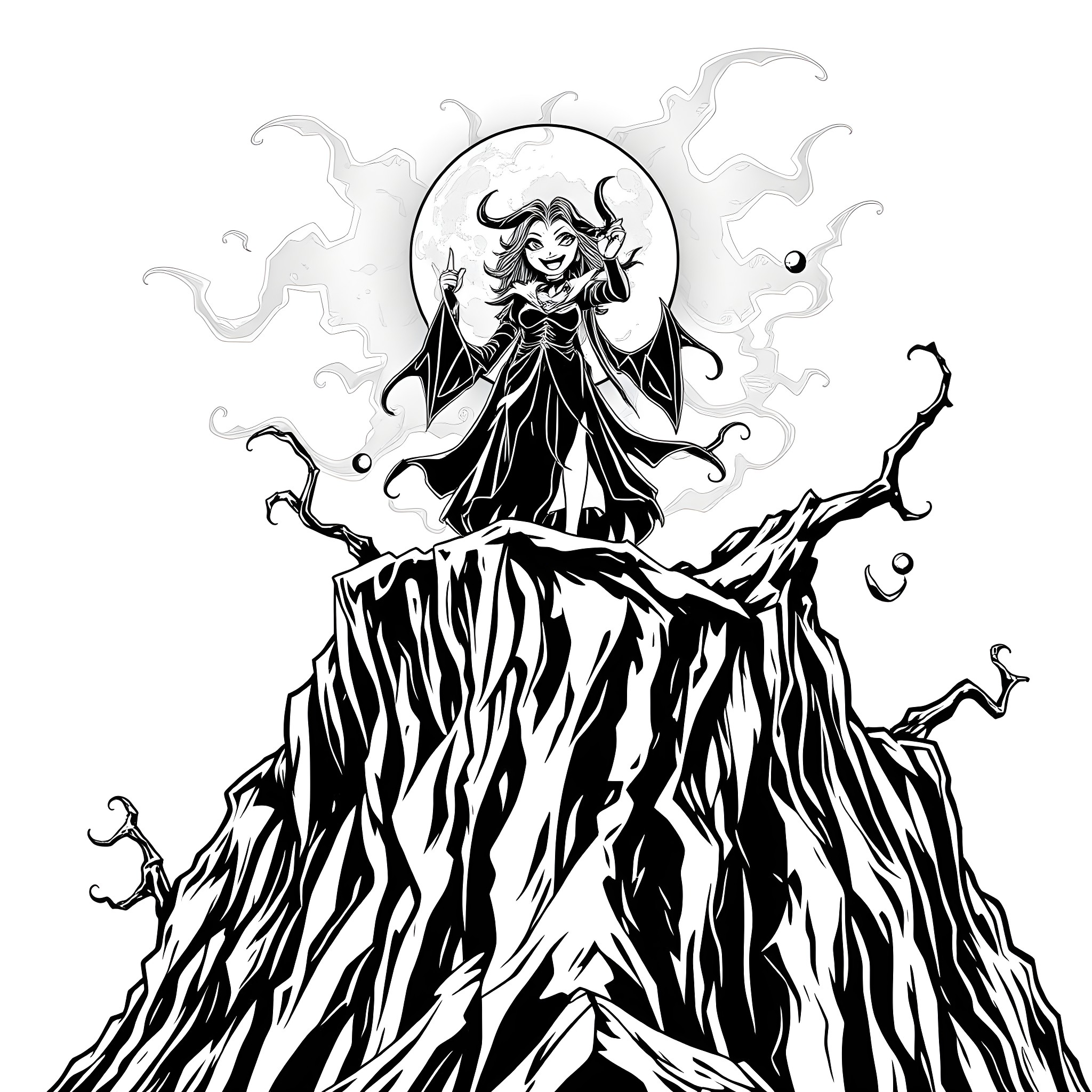 Emma's Devilish Delight on the Craggy Cliffs Coloring Page (free black-and-white line drawing printable PDF for all, from beginners to advanced learners, including children, teens, adults, and seniors)
