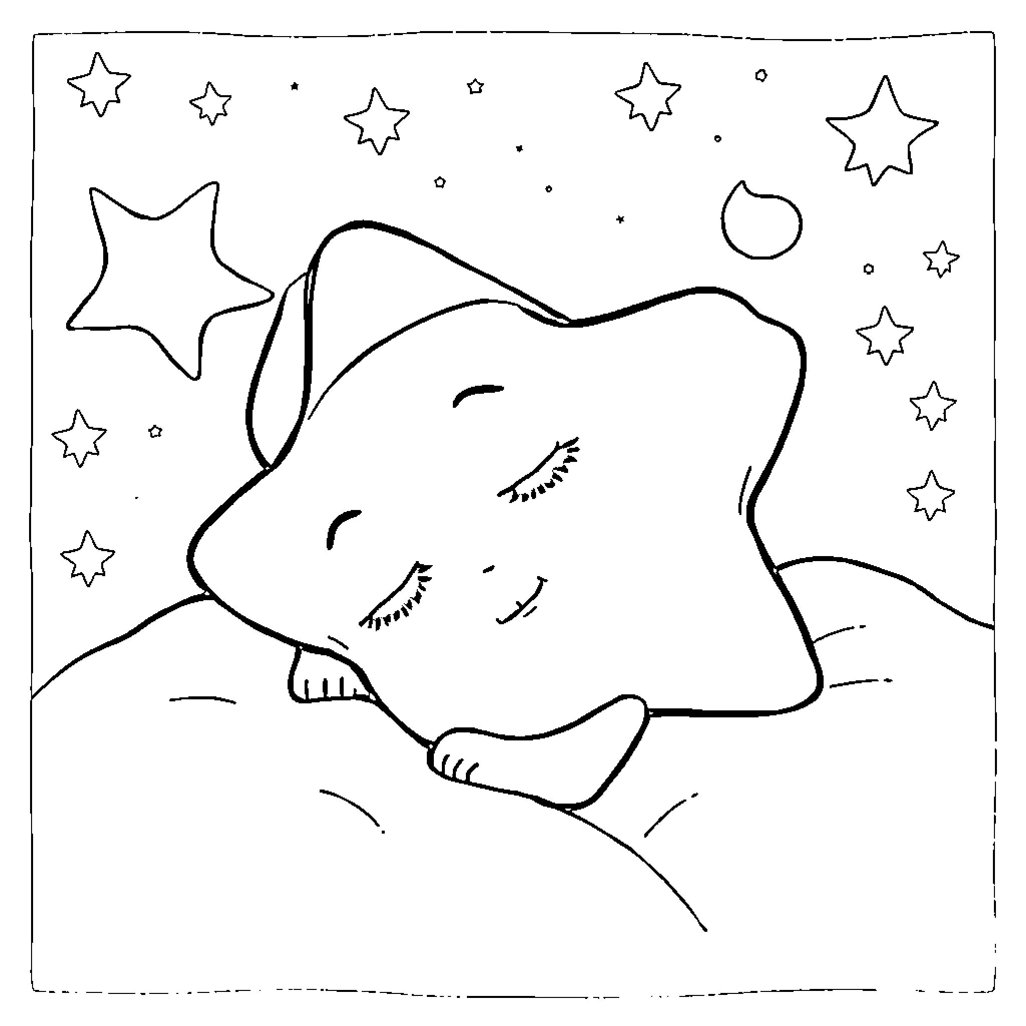 Star Sleeping Elephant Under Starry Sky Coloring Page (free black-and-white line drawing printable PDF for all, from beginners to advanced learners, including children, teens, adults, and seniors)