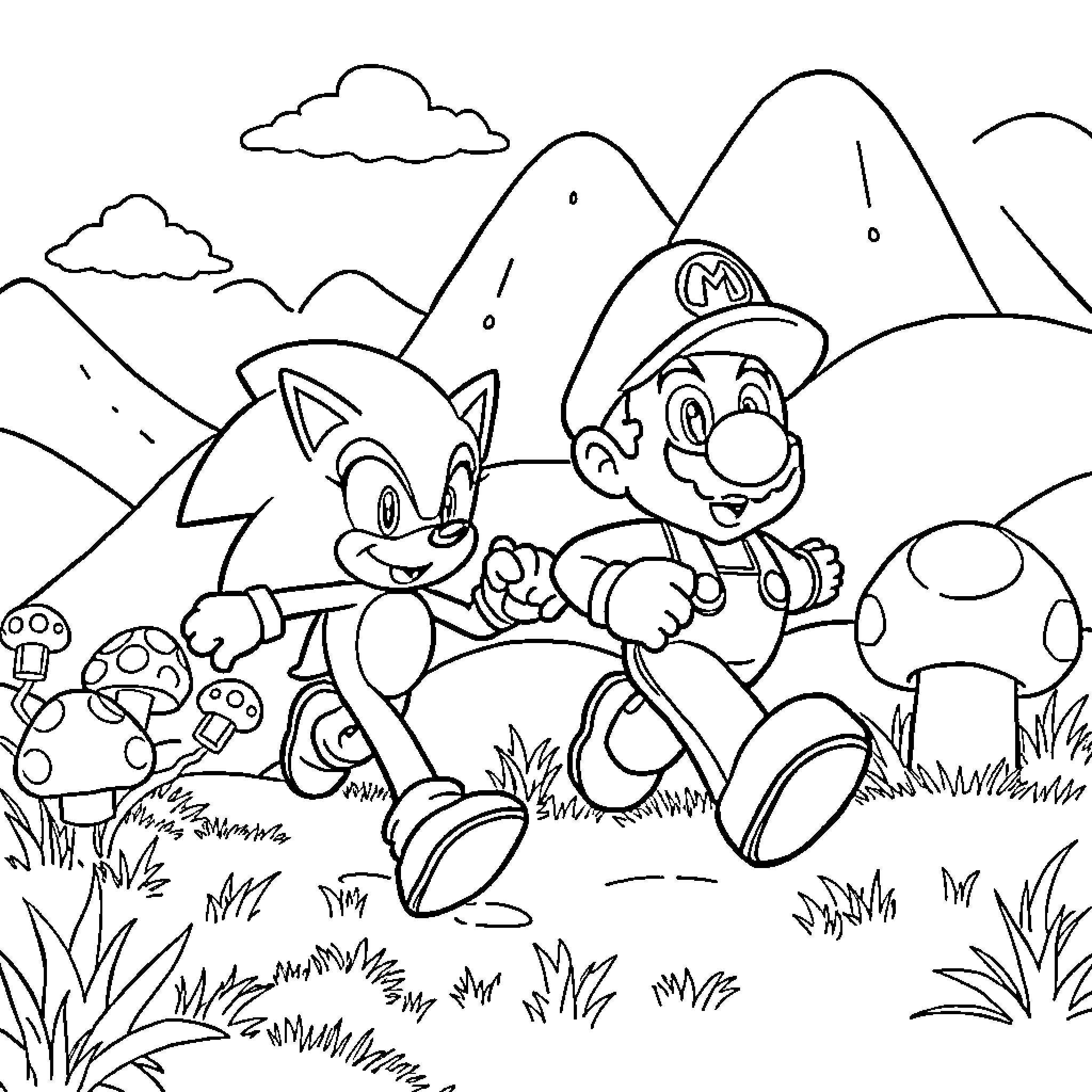 Sonic and Mario Adventure in the Mushroom Kingdom Coloring Page (free black-and-white line drawing printable PDF for all, from beginners to advanced learners, including children, teens, adults, and seniors)