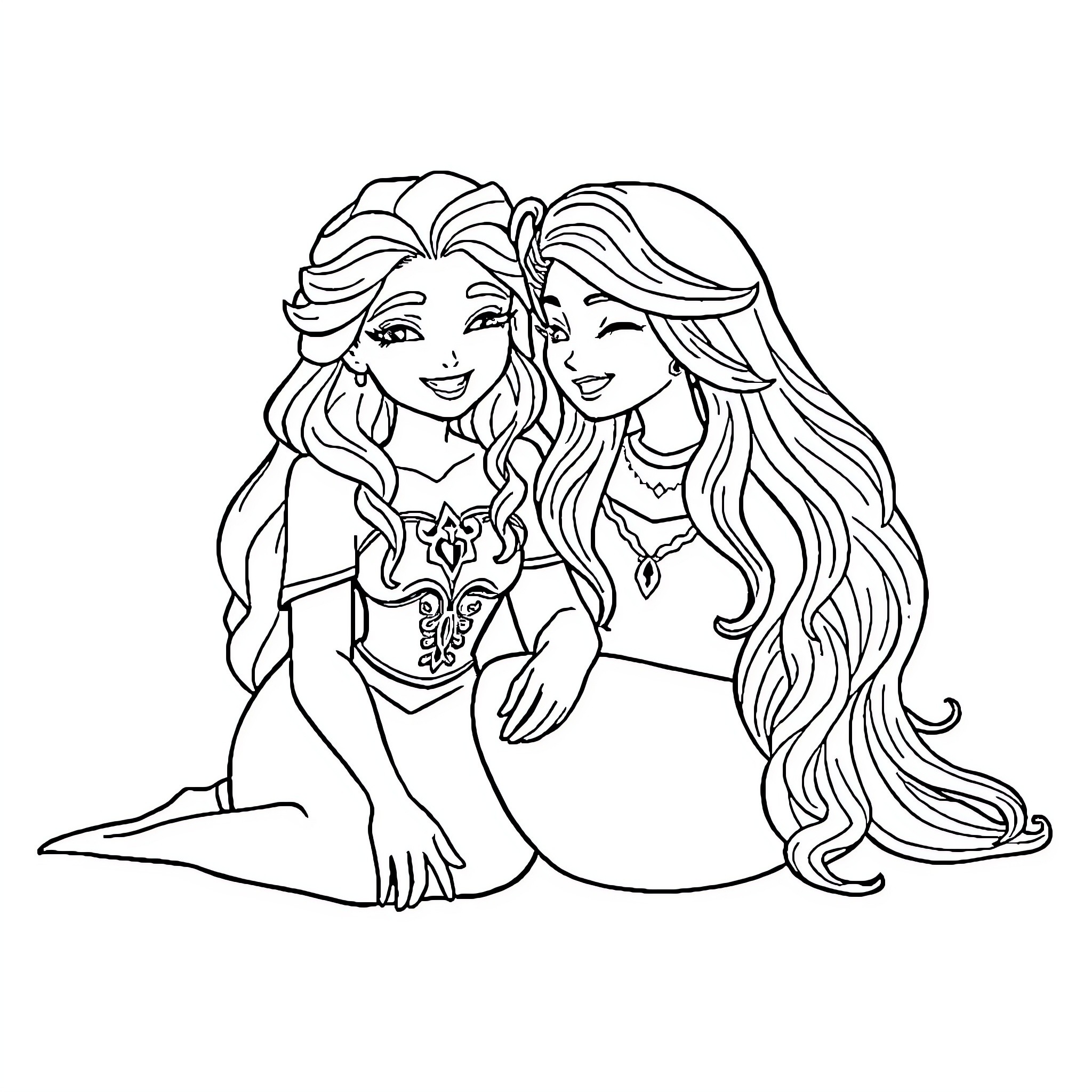 Princess Sisters Sharing a Moment of Joy Coloring Page (free black-and-white line drawing printable PDF for all, from beginners to advanced learners, including children, teens, adults, and seniors)