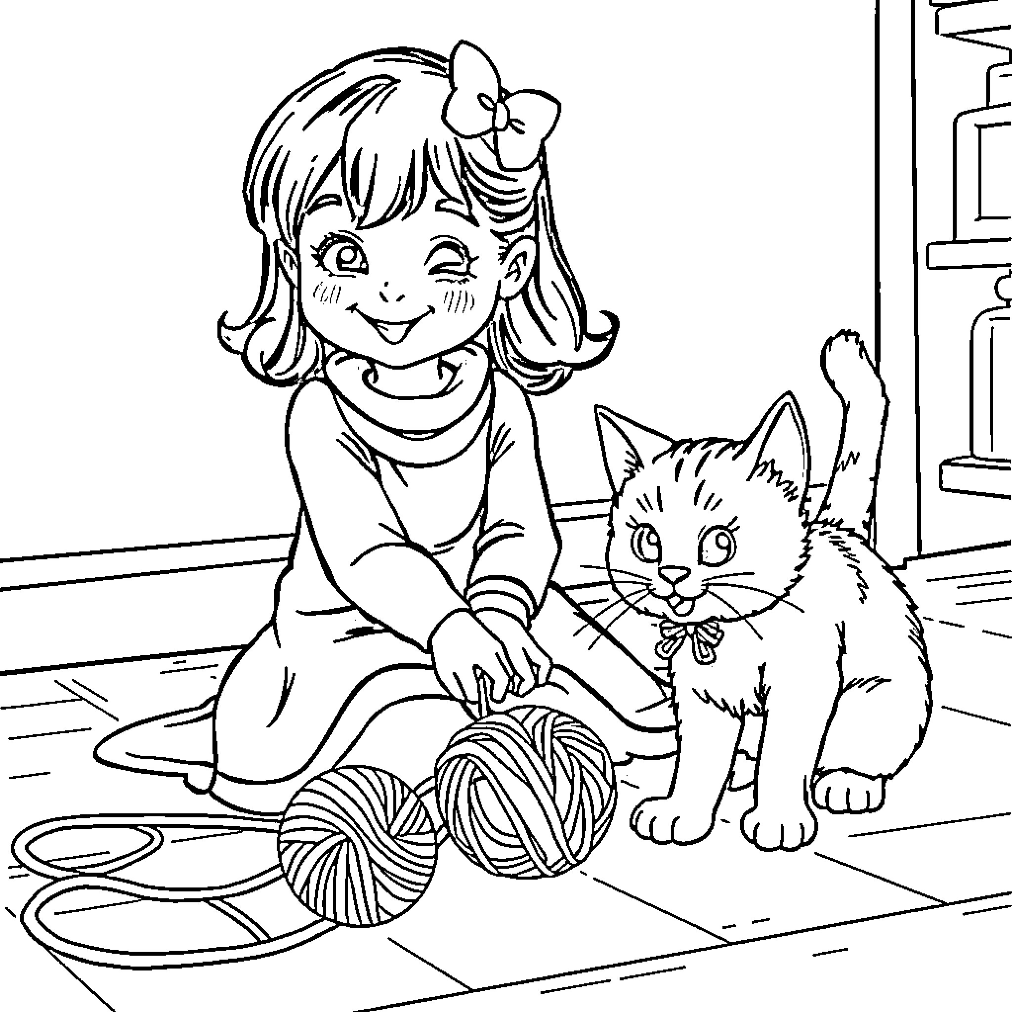 Minny plays happily with her kitten friend Coloring Page (free black-and-white line drawing printable PDF for all, from beginners to advanced learners, including children, teens, adults, and seniors)