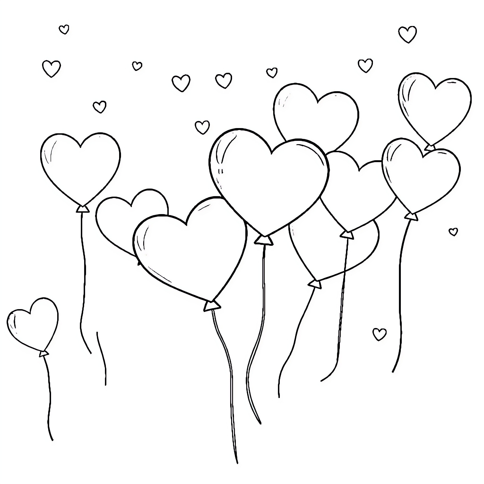 Heart-shaped balloons floating joyfully Coloring Page (free black-and-white line drawing printable PDF for all, from beginners to advanced learners, including children, teens, adults, and seniors)