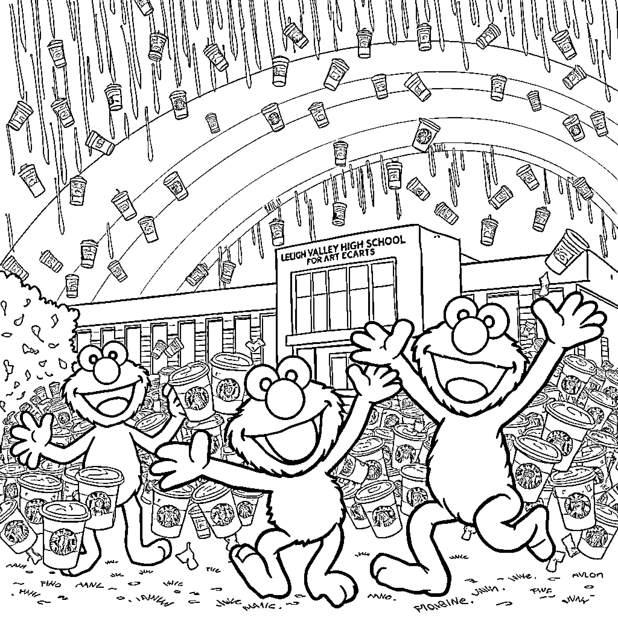 School Spirit Celebration with Cheerful Characters Coloring Page (free black-and-white line drawing printable PDF for all, from beginners to advanced learners, including children, teens, adults, and seniors)