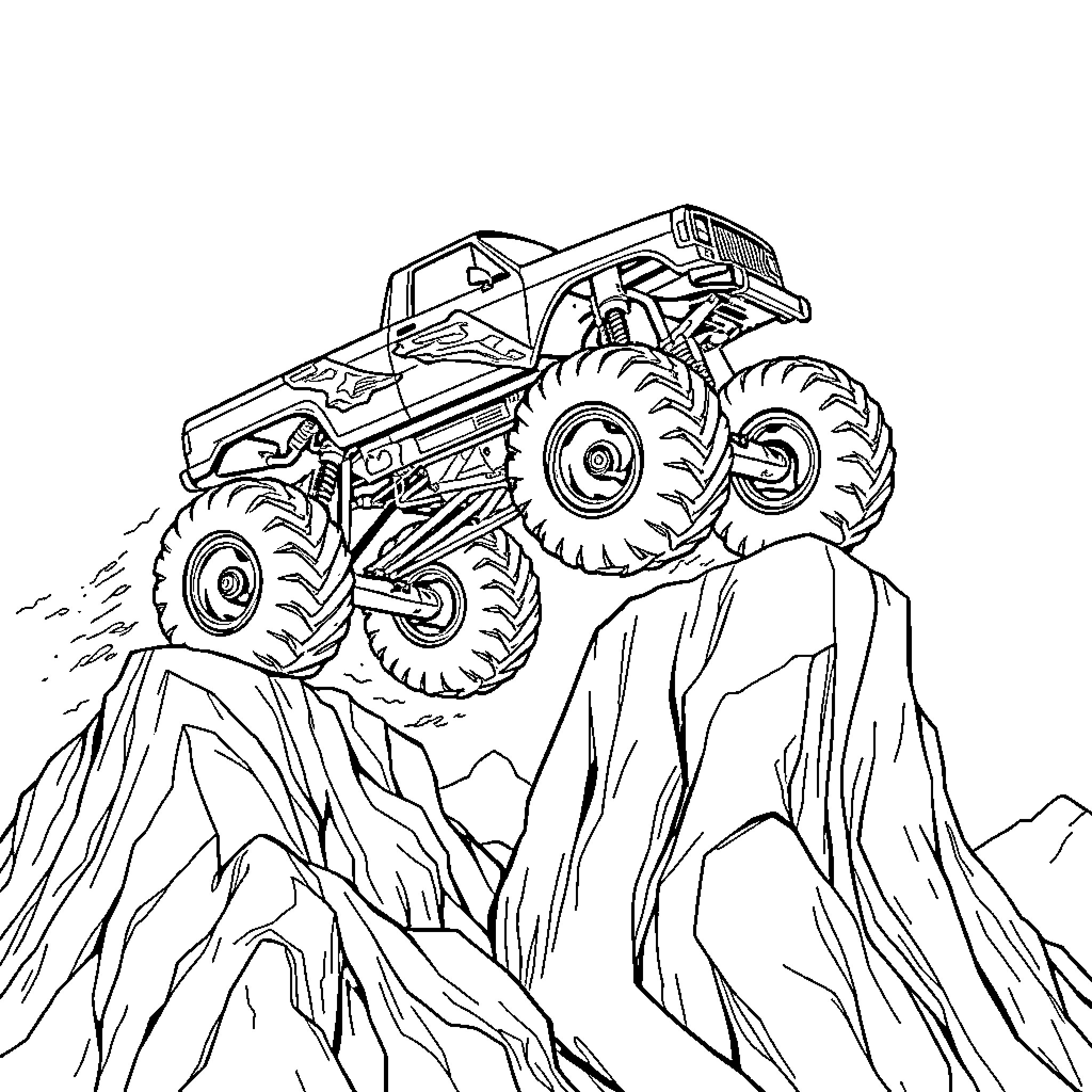 Monster Truck Crushing Through Rocky Terrain Coloring Page (free black-and-white line drawing printable PDF for all, from beginners to advanced learners, including children, teens, adults, and seniors)