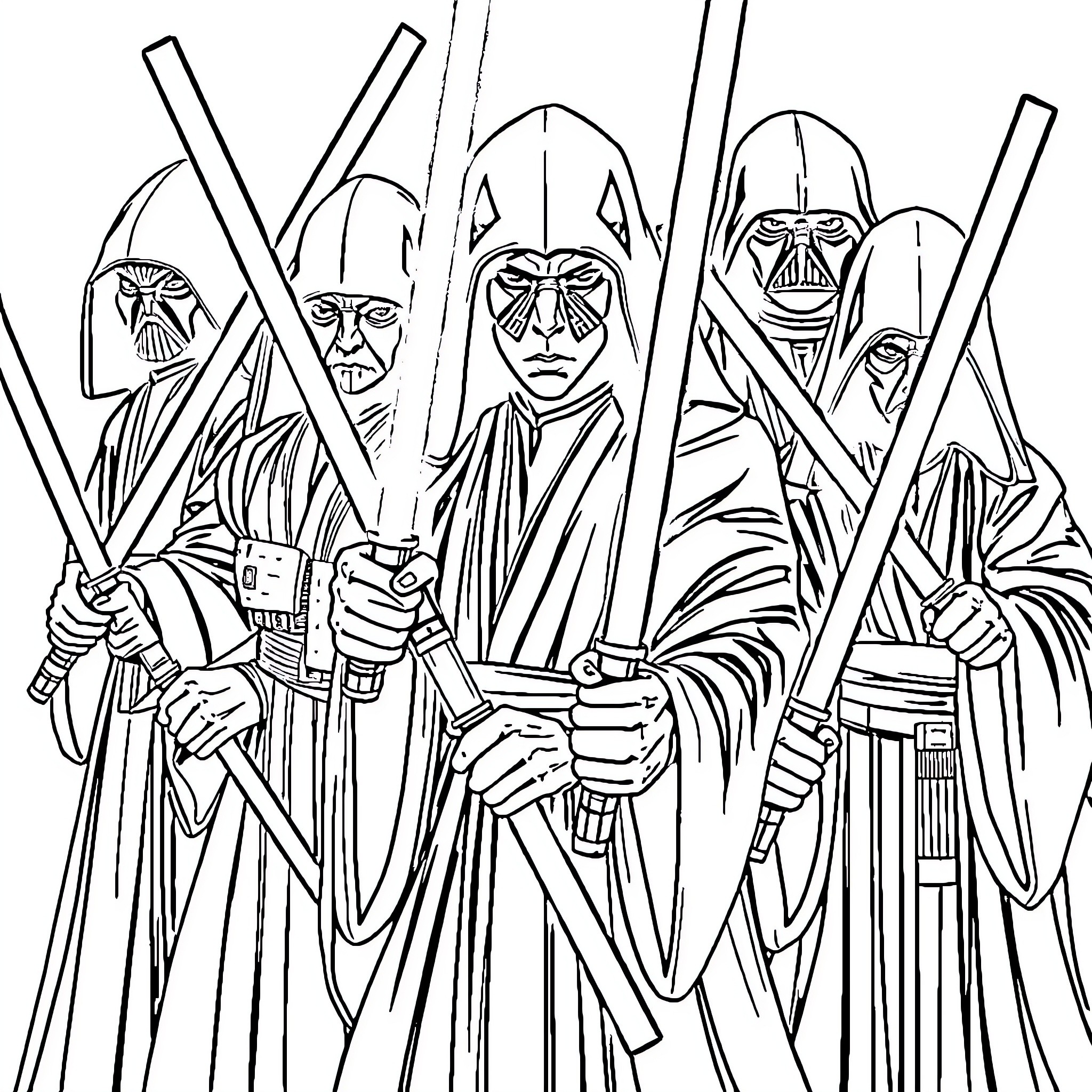 Jedi warriors in action-packed poses Coloring Page (free black-and-white line drawing printable PDF for all, from beginners to advanced learners, including children, teens, adults, and seniors)