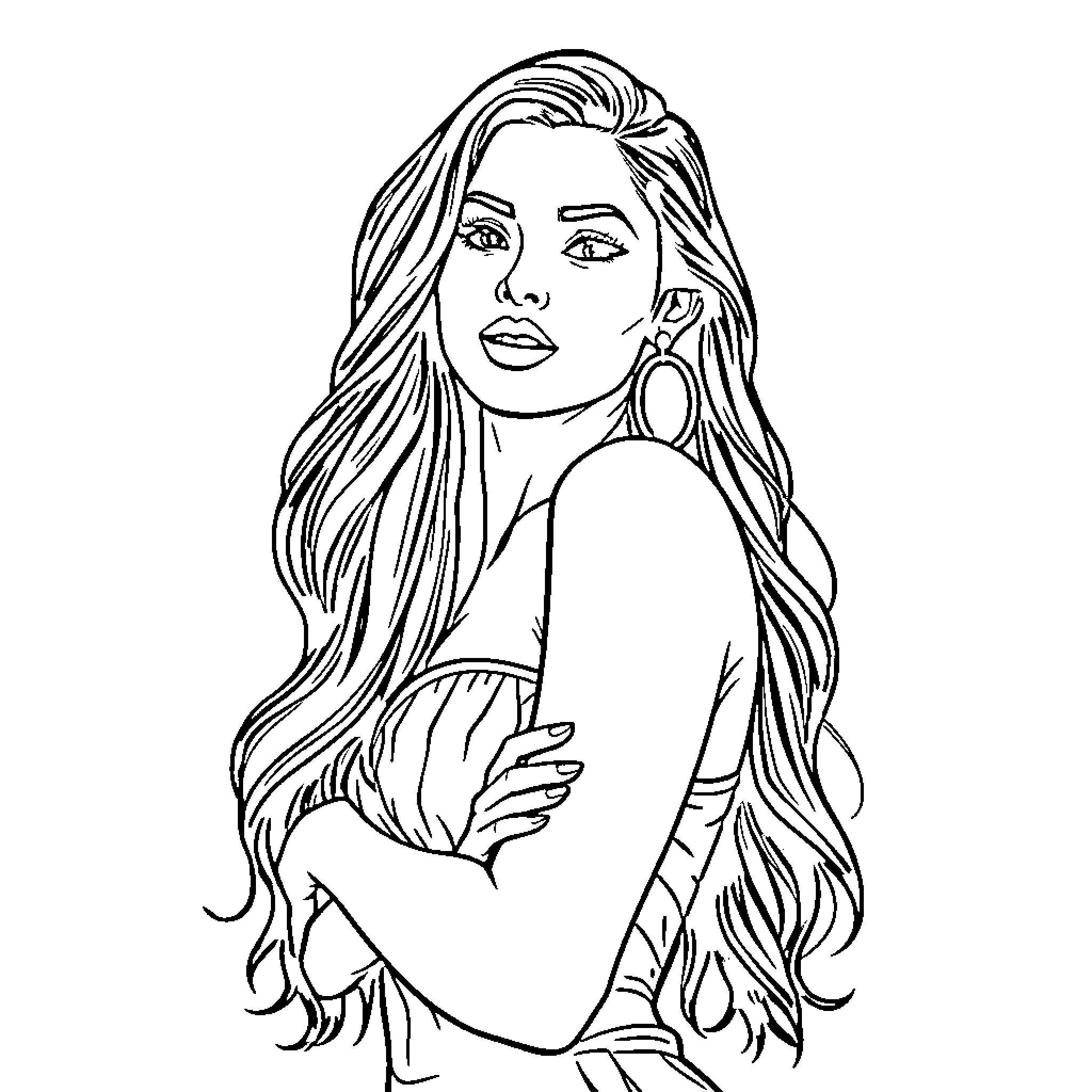 Latina woman with long flowing hair and elegant pose Coloring Page (free black-and-white line drawing printable PDF for all, from beginners to advanced learners, including children, teens, adults, and seniors)