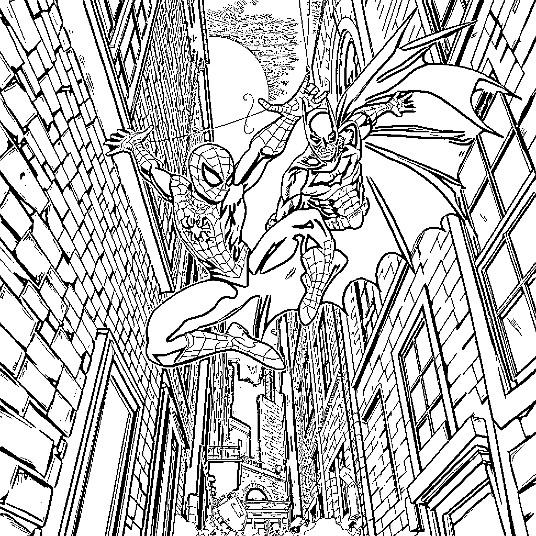 Spiderman swinging through the city with a villain Coloring Page (free black-and-white line drawing printable PDF for all, from beginners to advanced learners, including children, teens, adults, and seniors)
