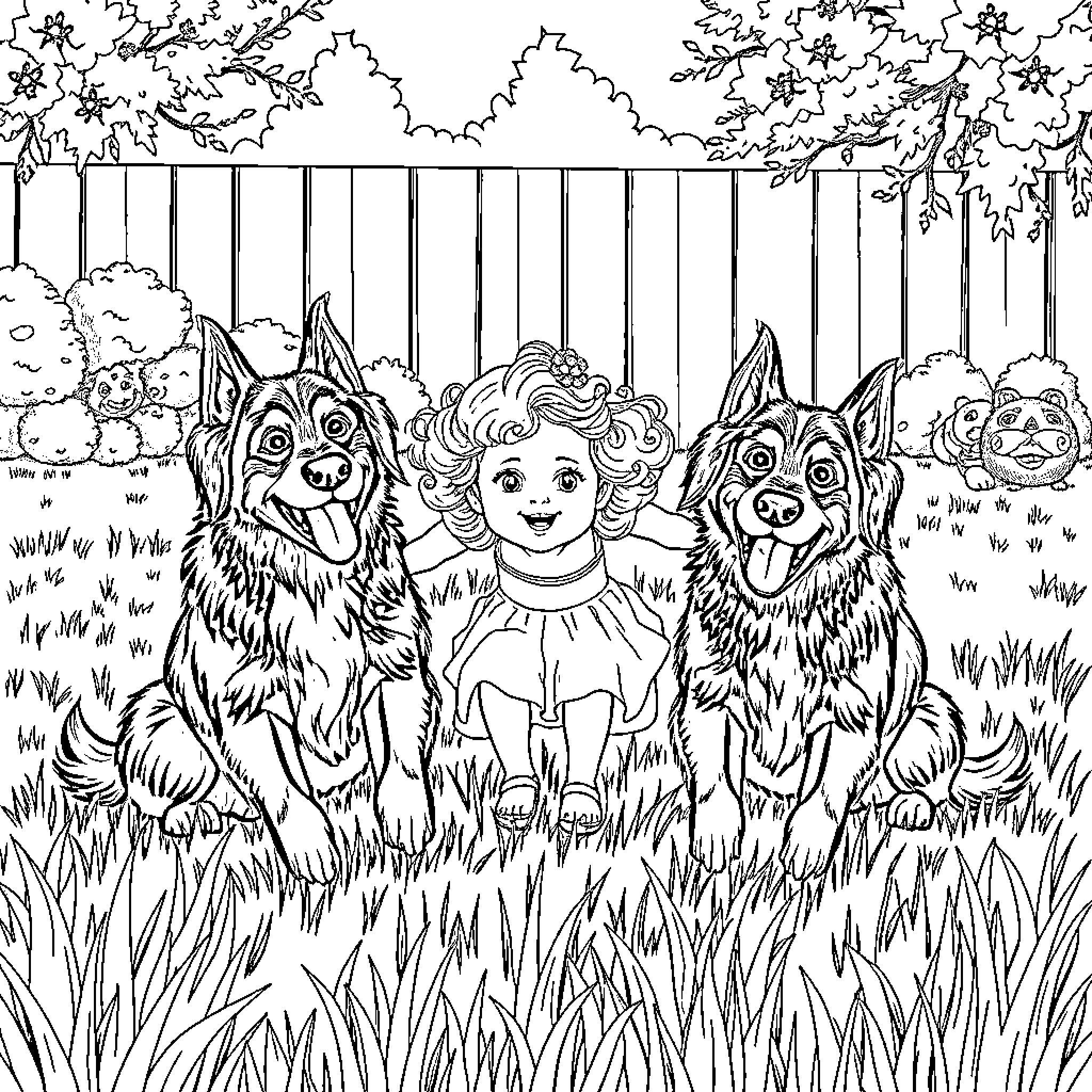 Berger des Pyrenees playing with a child in a fenced yard Coloring Page (free black-and-white line drawing printable PDF for all, from beginners to advanced learners, including children, teens, adults, and seniors)