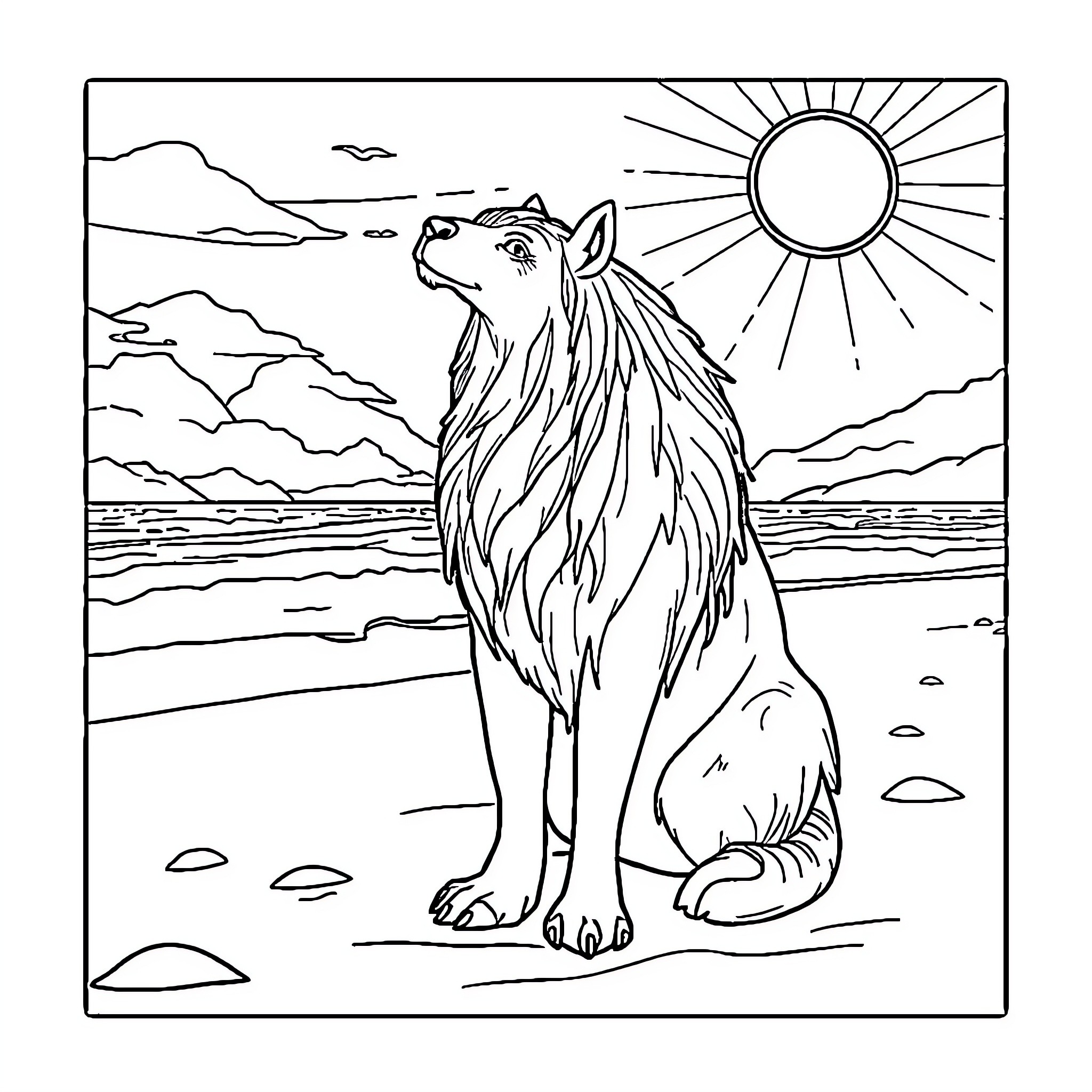 Queen of the Wilderness: Majestic Wolf in the Sunset Coloring Page (free black-and-white line drawing printable PDF for all, from beginners to advanced learners, including children, teens, adults, and seniors)