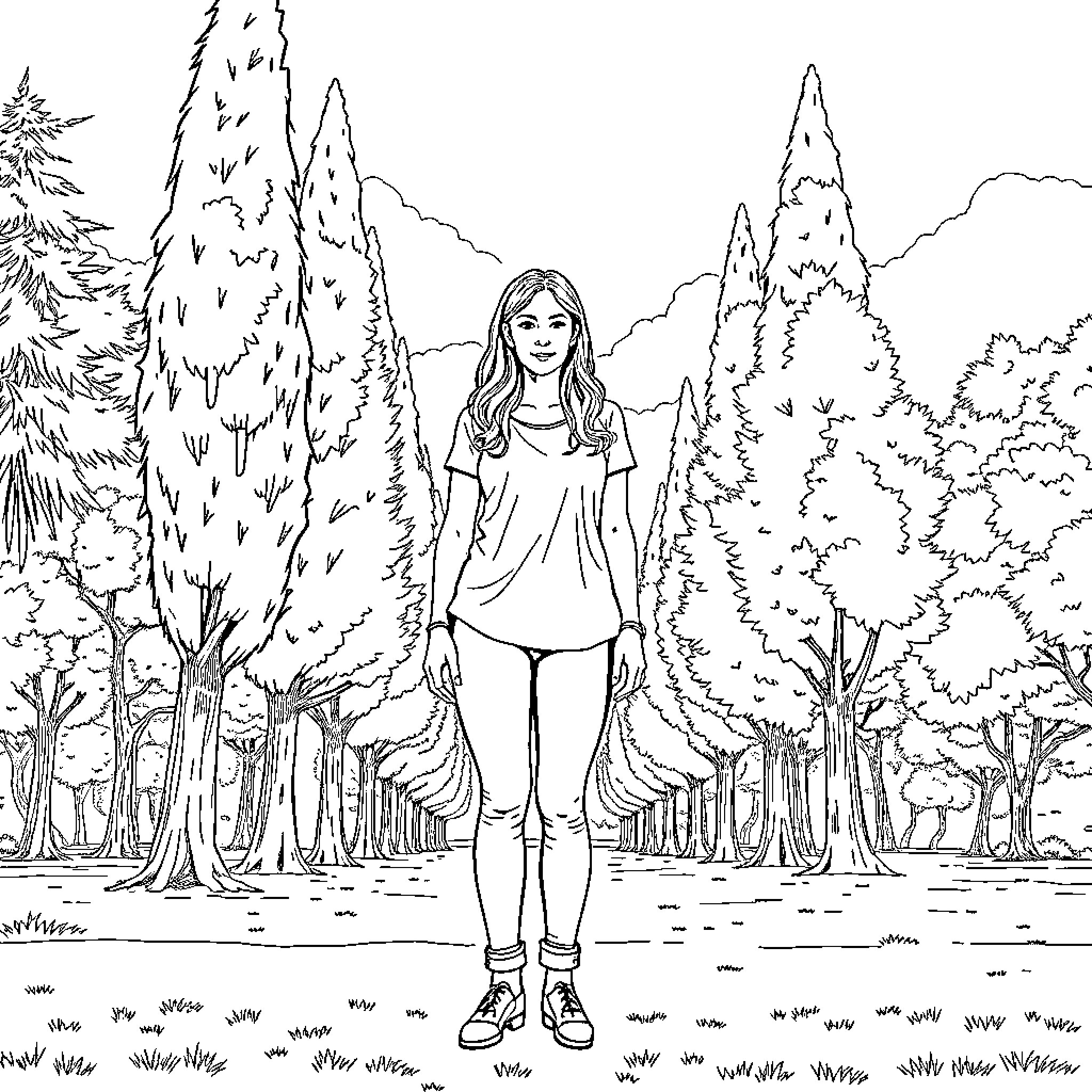 Alexandria exploring the enchanting forest Coloring Page (free black-and-white line drawing printable PDF for all, from beginners to advanced learners, including children, teens, adults, and seniors)