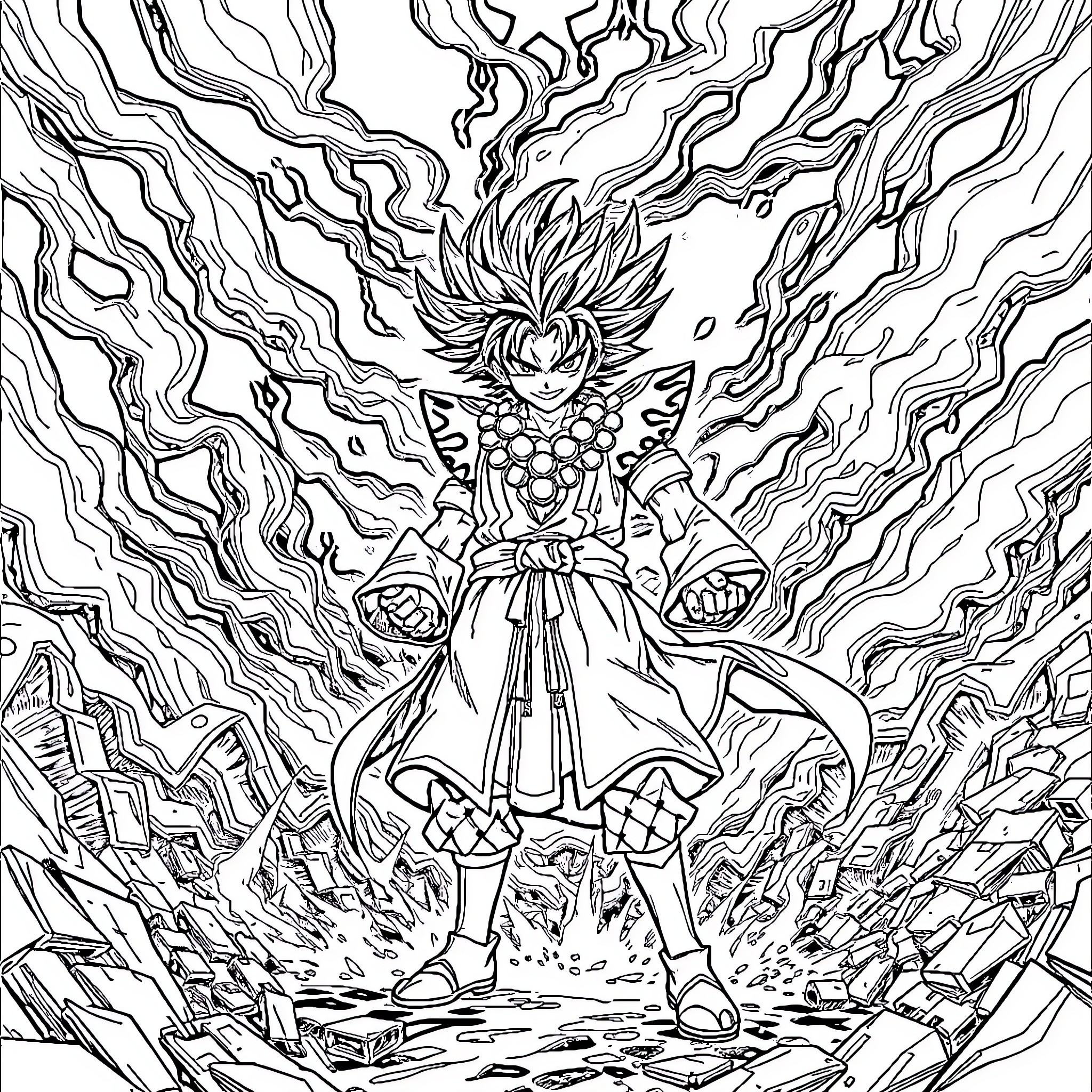 Sukuna's Powerful Demonic Transformation Coloring Page (free black-and-white line drawing printable PDF for all, from beginners to advanced learners, including children, teens, adults, and seniors)