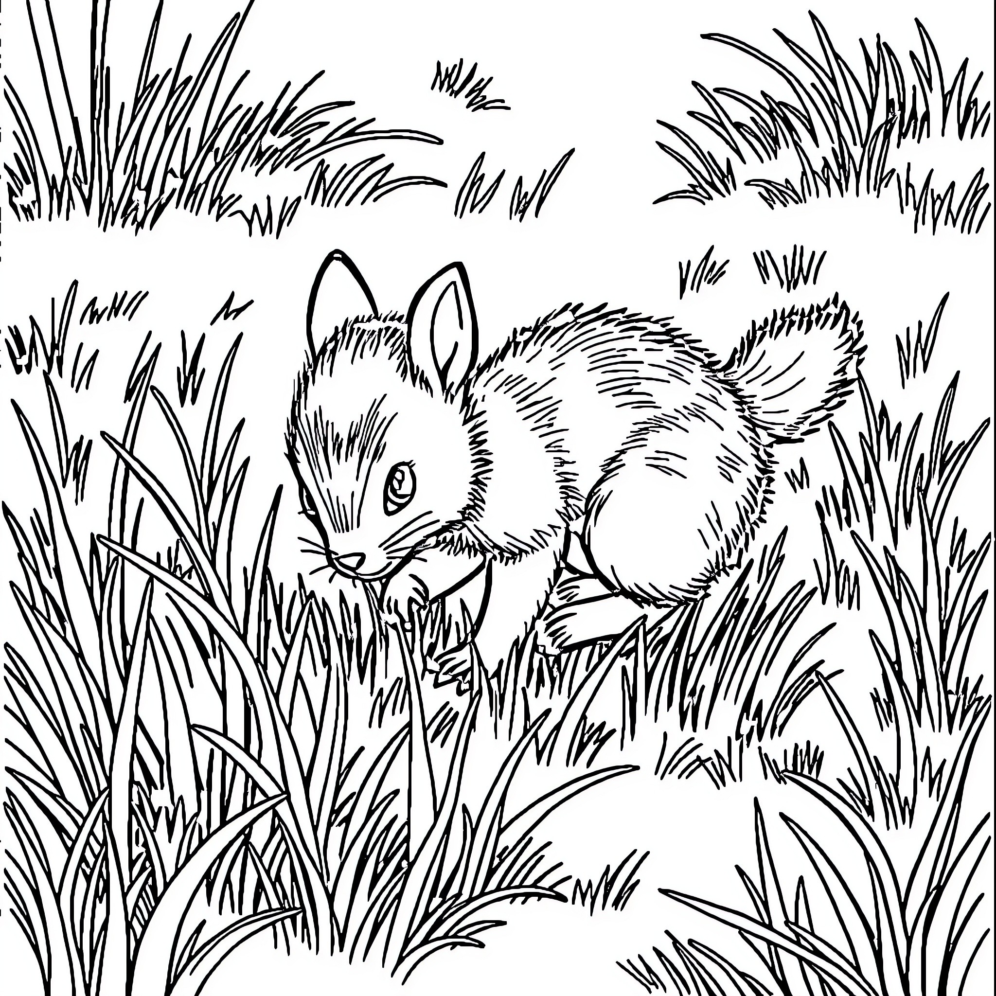 Animal hiding in grassy field Coloring Page (free black-and-white line drawing printable PDF for all, from beginners to advanced learners, including children, teens, adults, and seniors)