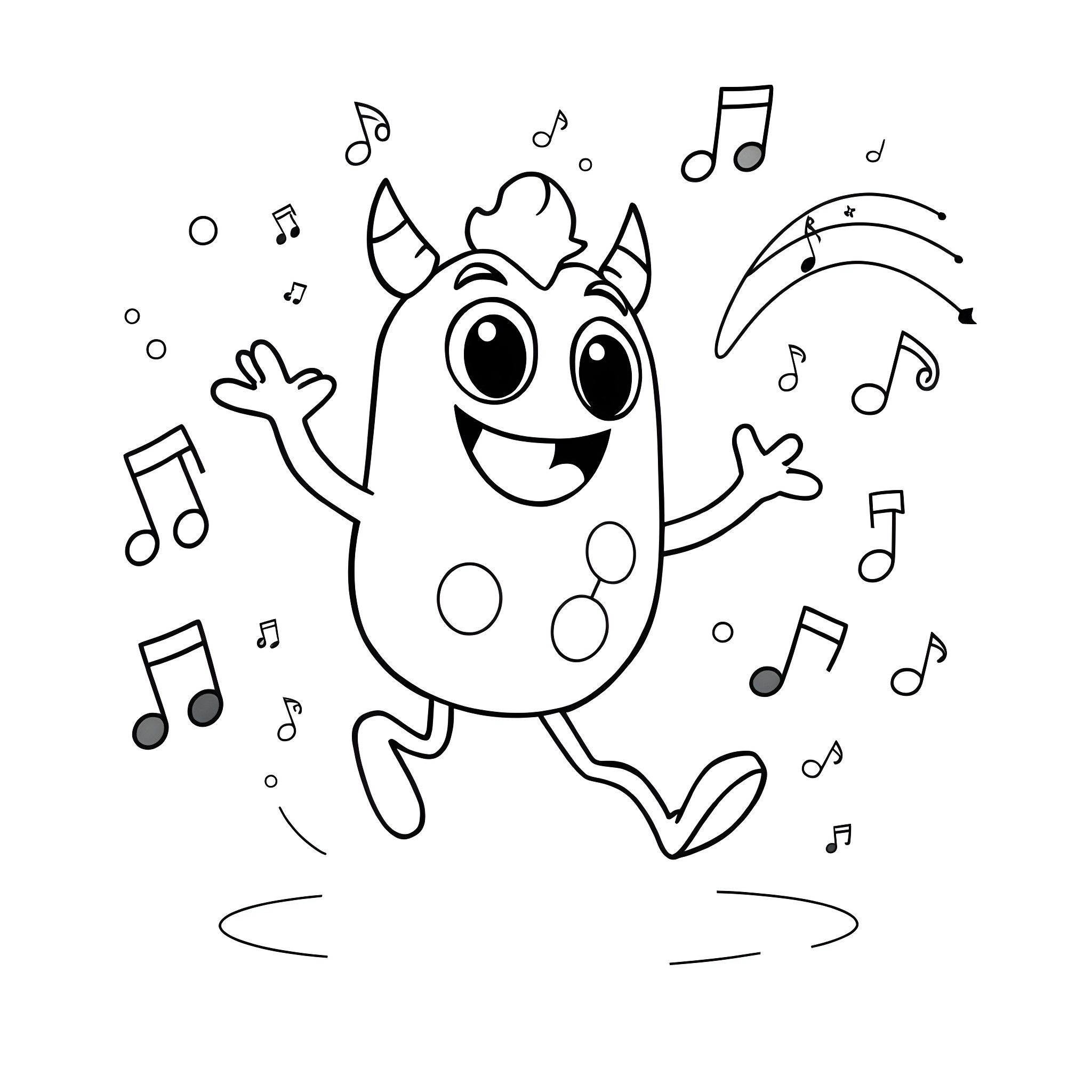 Clukr the Musical Monster Dancing with Delight Coloring Page (free black-and-white line drawing printable PDF for all, from beginners to advanced learners, including children, teens, adults, and seniors)
