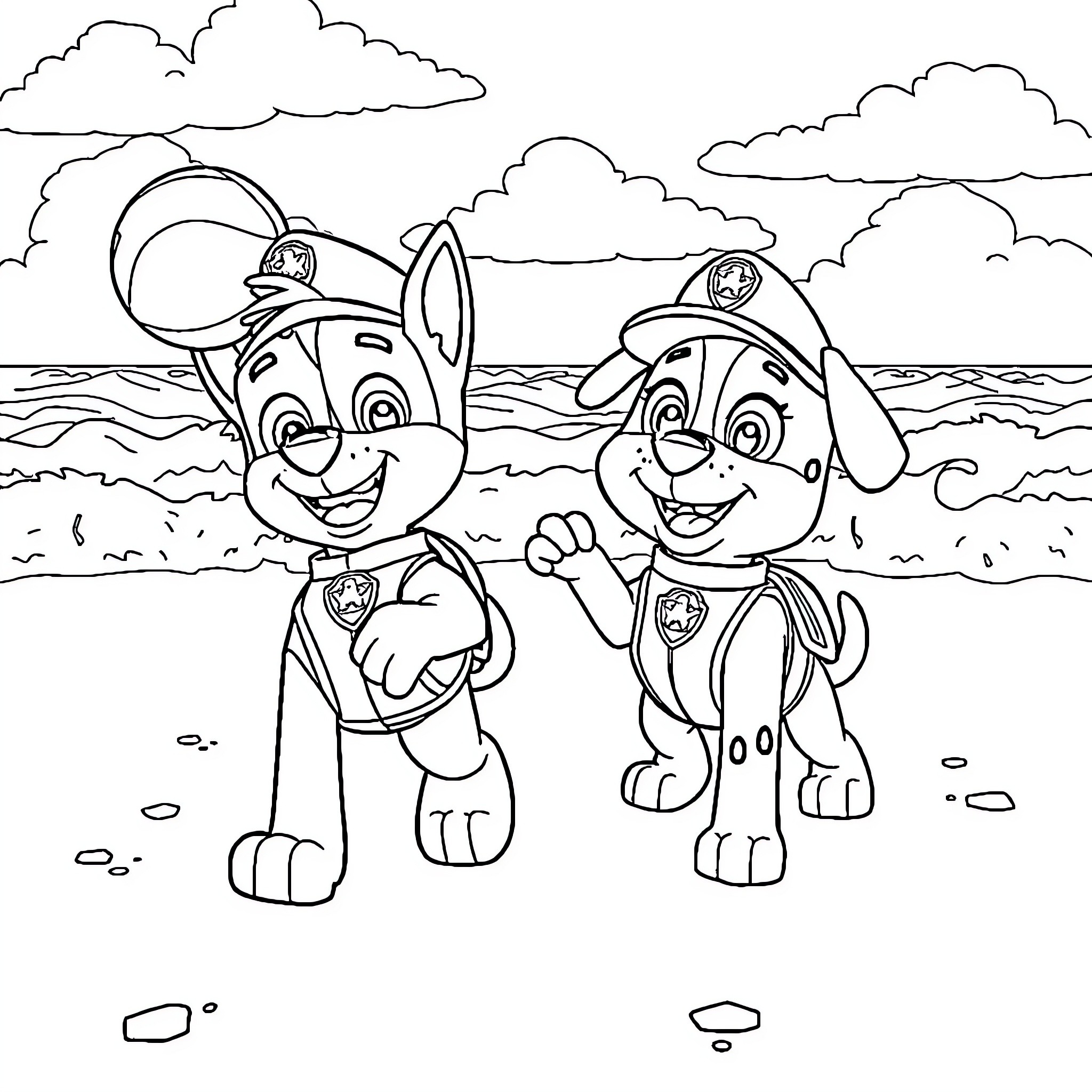 Chase the Pup Patrol on the Beach Coloring Page (free black-and-white line drawing printable PDF for all, from beginners to advanced learners, including children, teens, adults, and seniors)