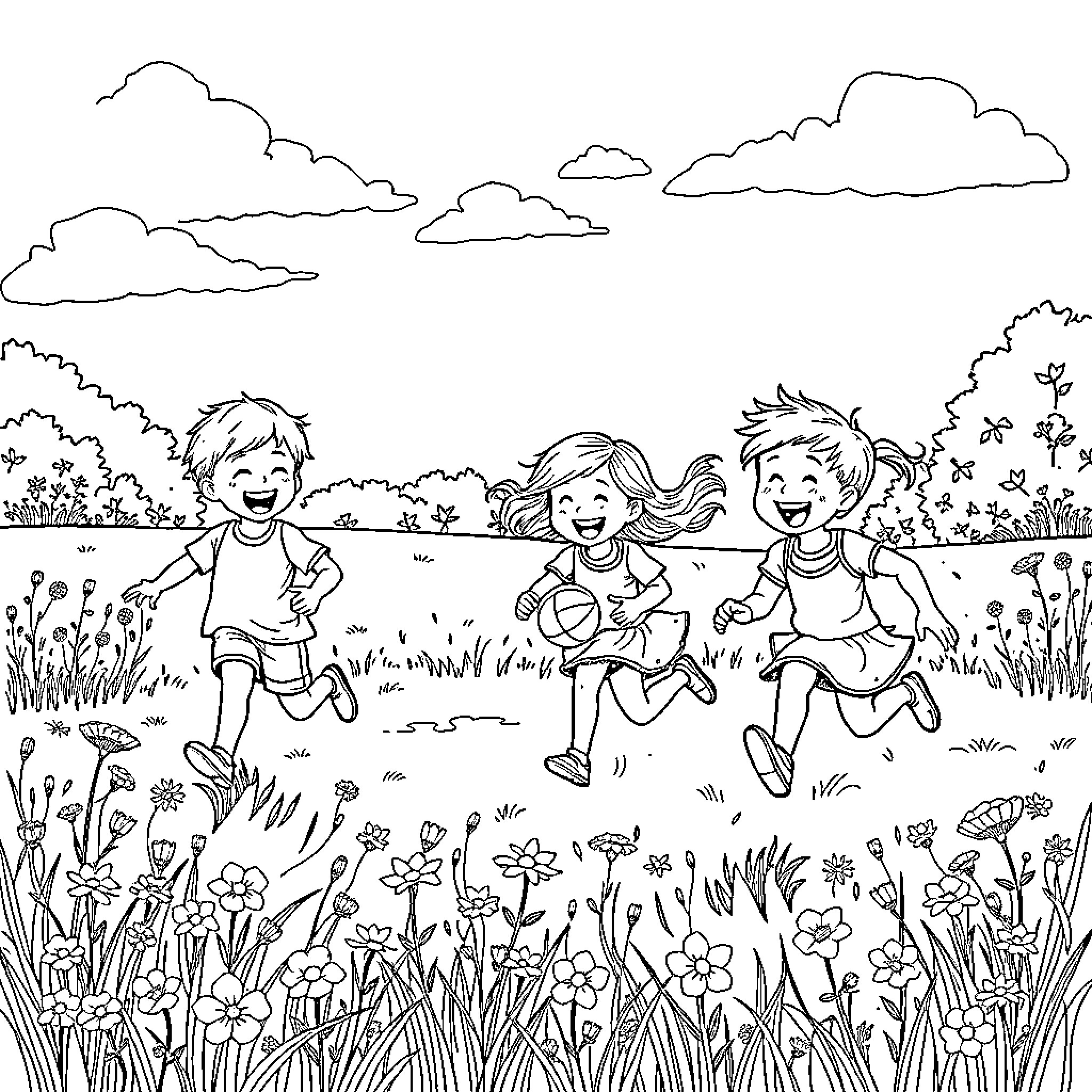 Children running joyfully in a flower-filled meadow Coloring Page (free black-and-white line drawing printable PDF for all, from beginners to advanced learners, including children, teens, adults, and seniors)