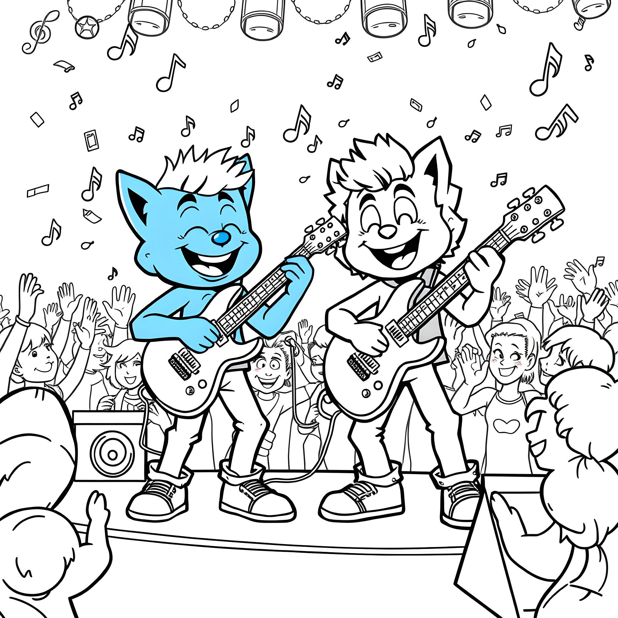 Bluey and friends rocking out on stage Coloring Page (free black-and-white line drawing printable PDF for all, from beginners to advanced learners, including children, teens, adults, and seniors)