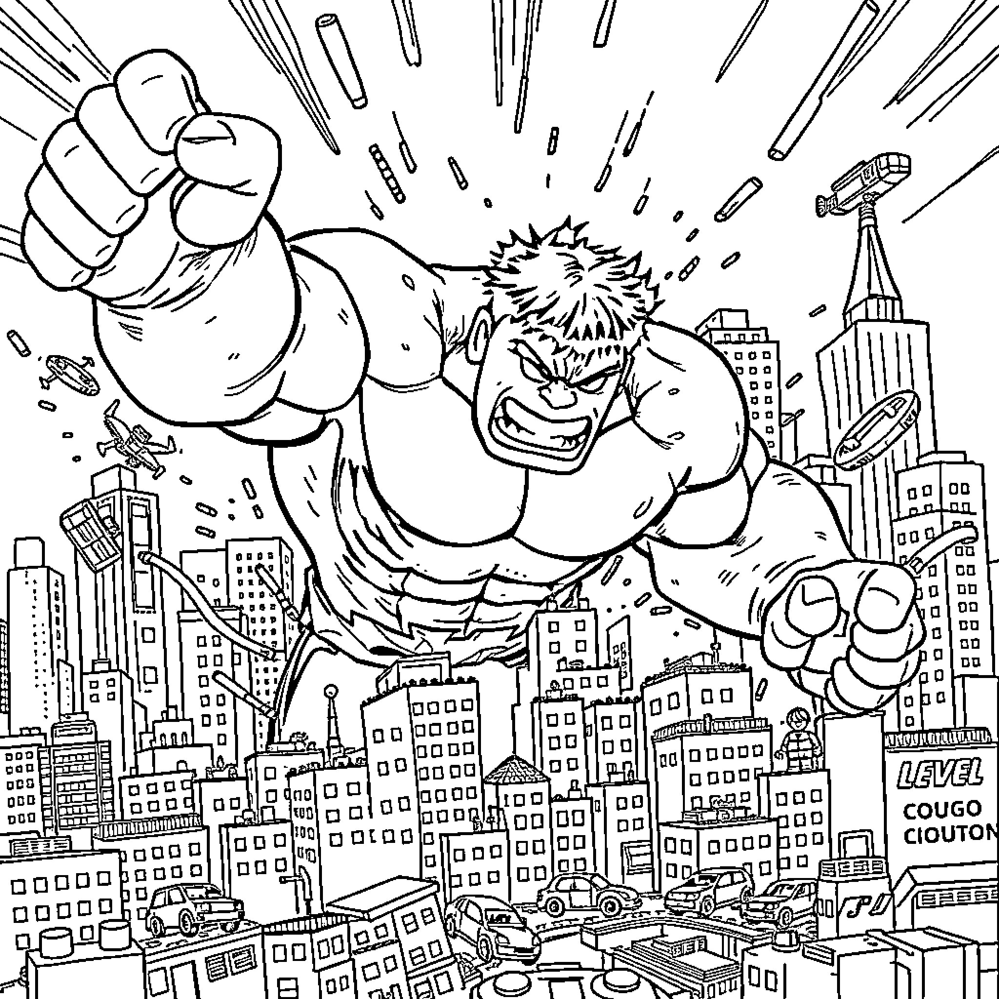 Hulk smashes through the city skyline Coloring Page (free black-and-white line drawing printable PDF for all, from beginners to advanced learners, including children, teens, adults, and seniors)