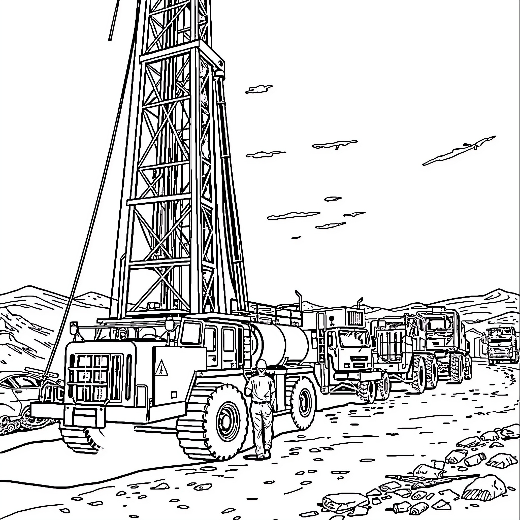 Drilling Rig in a Remote Oilfield Coloring Page (free black-and-white line drawing printable PDF for all, from beginners to advanced learners, including children, teens, adults, and seniors)