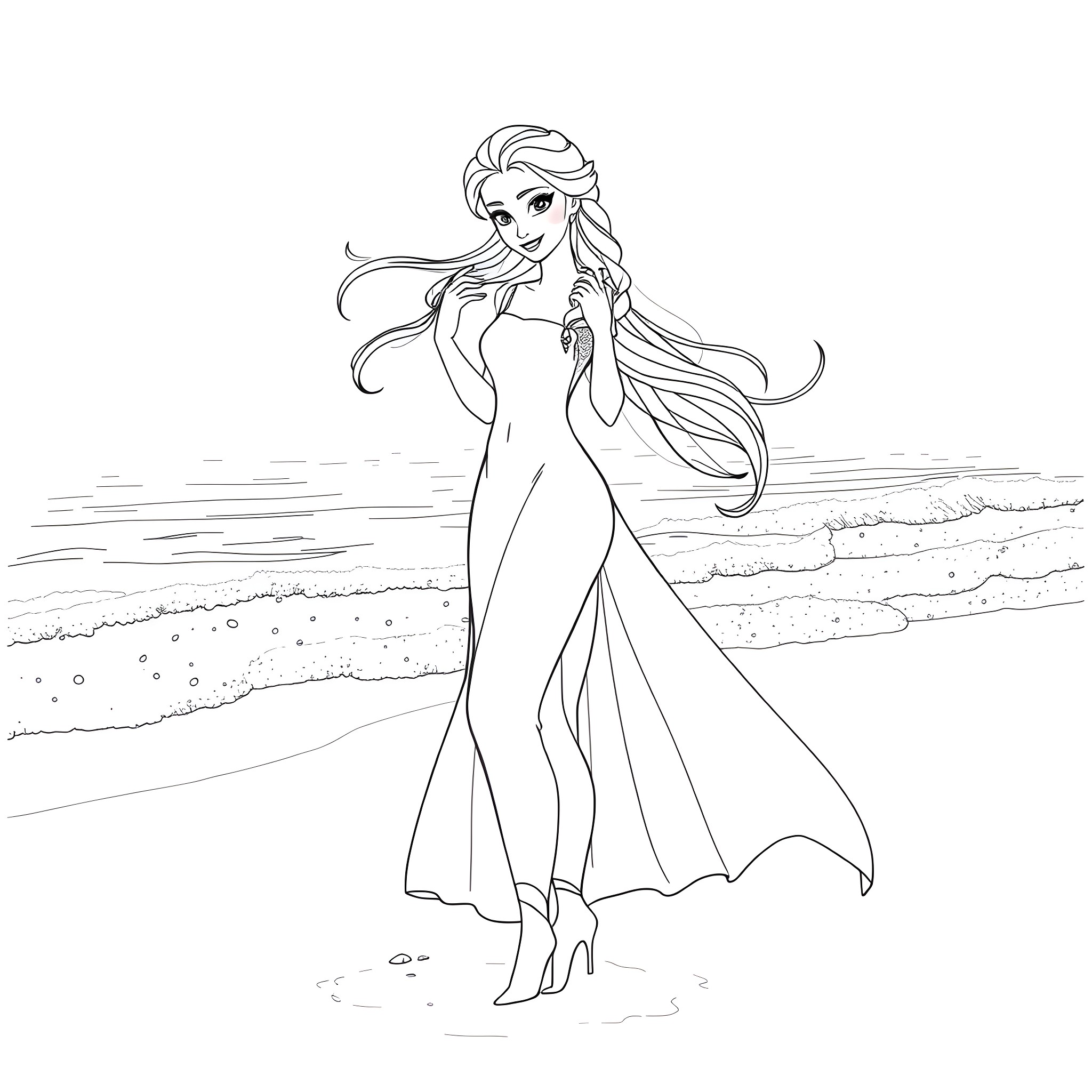 Elsa in a graceful pose on the beach Coloring Page (free black-and-white line drawing printable PDF for all, from beginners to advanced learners, including children, teens, adults, and seniors)