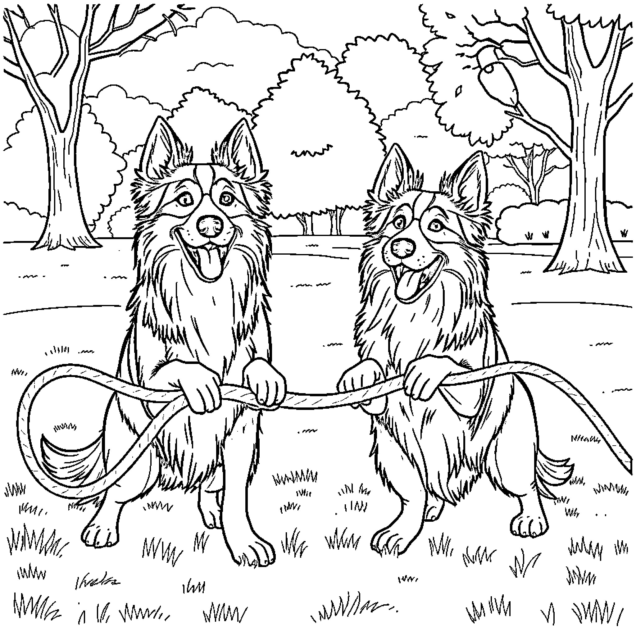 Sheltie dogs playing in the forest Coloring Page (free black-and-white line drawing printable PDF for all, from beginners to advanced learners, including children, teens, adults, and seniors)