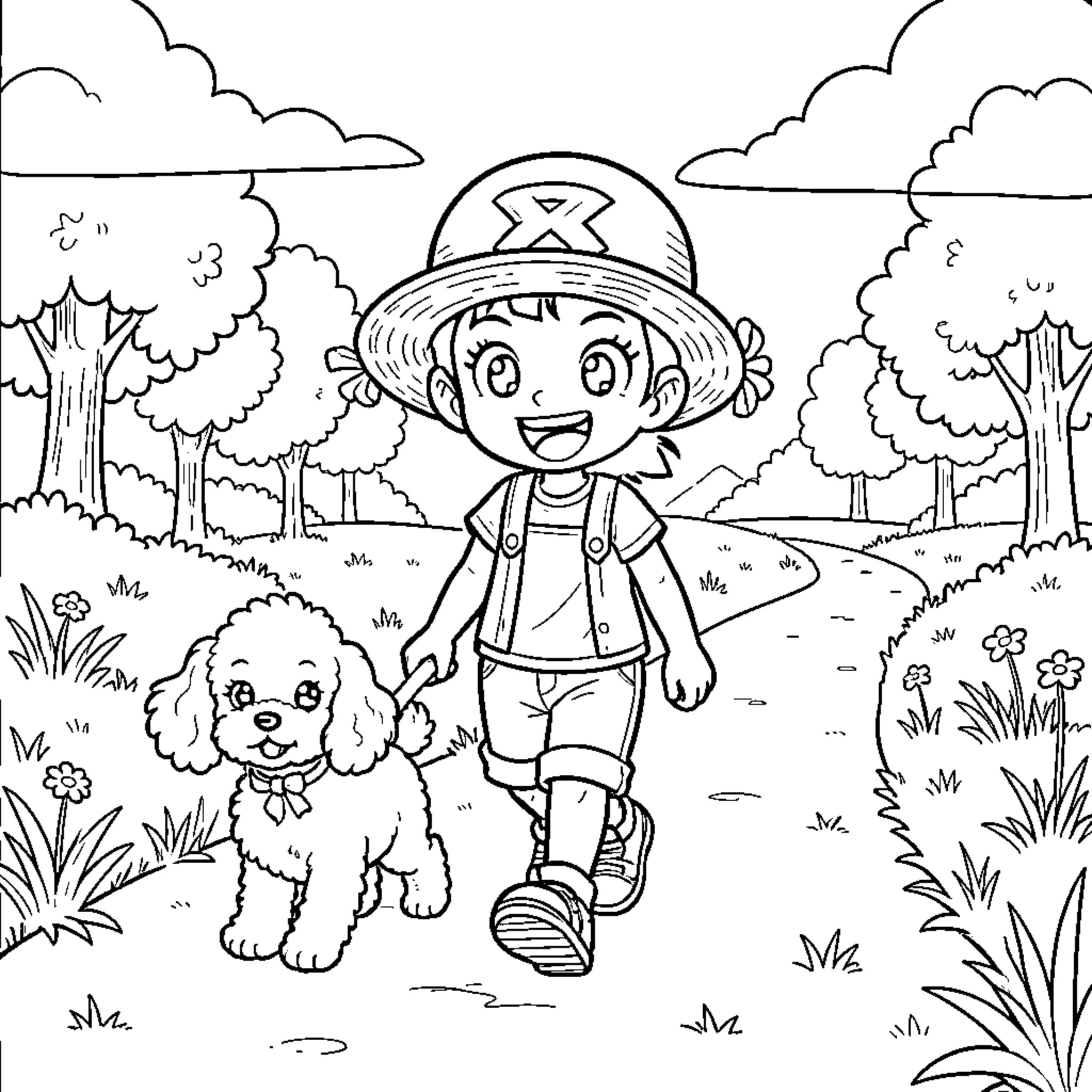 Chopper walking happily with a small dog in nature Coloring Page (free black-and-white line drawing printable PDF for all, from beginners to advanced learners, including children, teens, adults, and seniors)