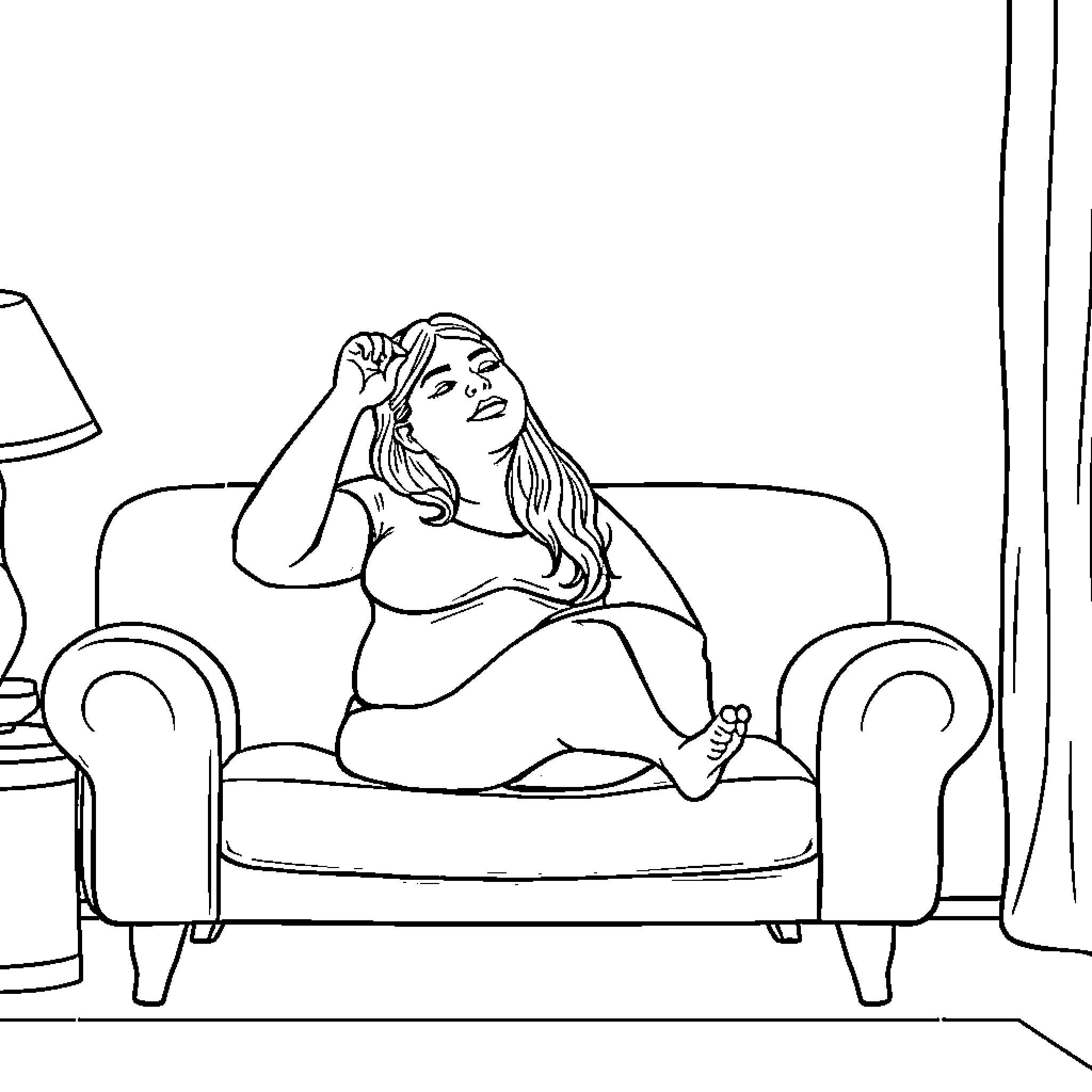 Gorda relaxing on the couch in thought Coloring Page (free black-and-white line drawing printable PDF for all, from beginners to advanced learners, including children, teens, adults, and seniors)