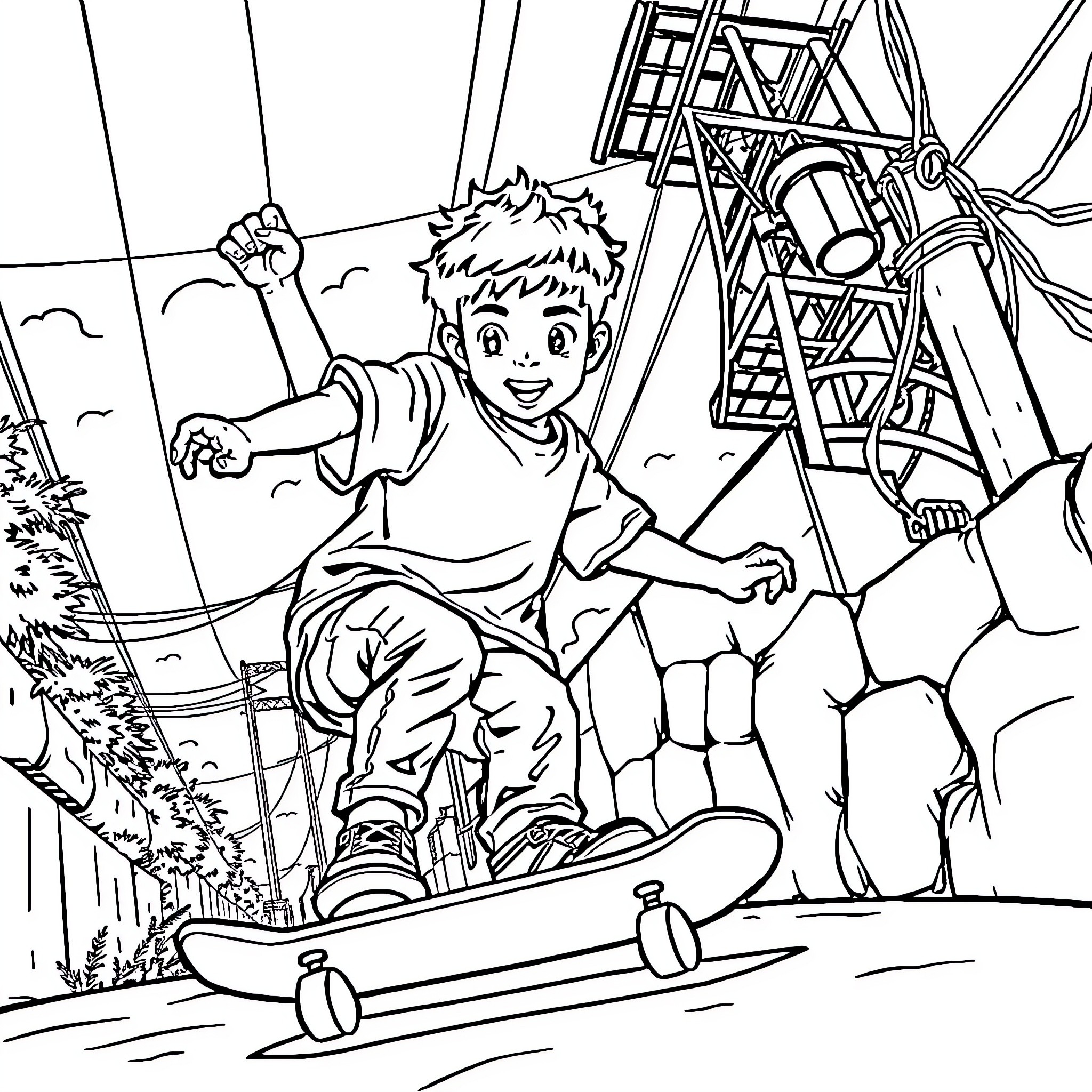 Skateboard tricks at the local park Coloring Page (free black-and-white line drawing printable PDF for all, from beginners to advanced learners, including children, teens, adults, and seniors)