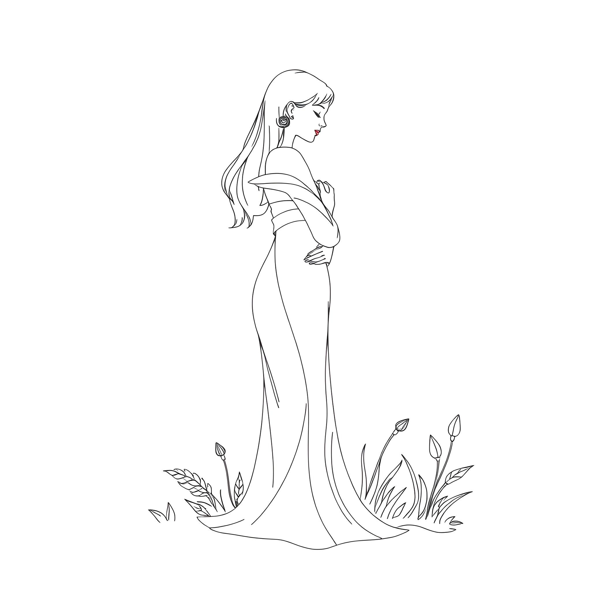 Woman in long dress standing amidst nature Coloring Page (free black-and-white line drawing printable PDF for all, from beginners to advanced learners, including children, teens, adults, and seniors)