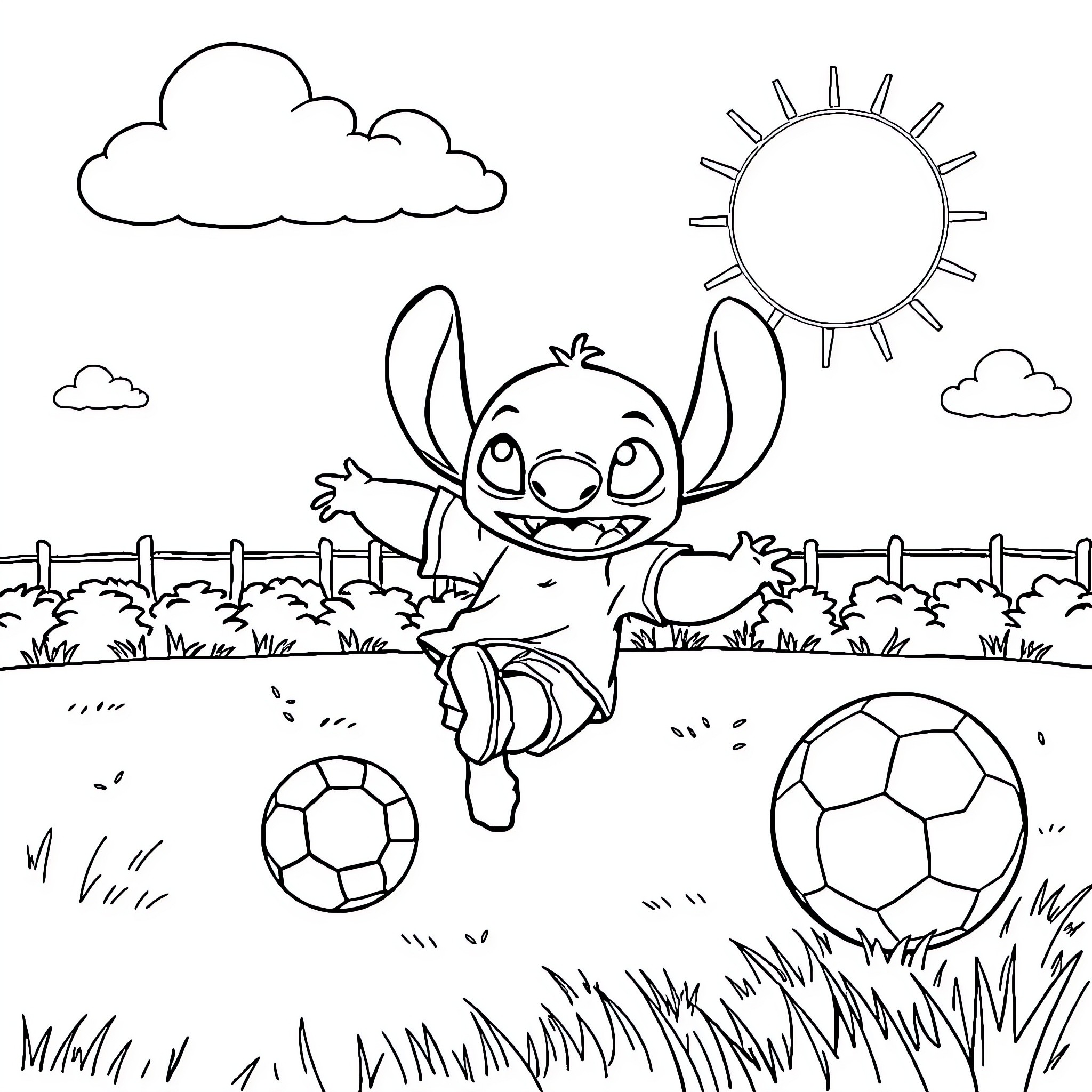 Stitch playing joyfully with soccer balls Coloring Page (free black-and-white line drawing printable PDF for all, from beginners to advanced learners, including children, teens, adults, and seniors)