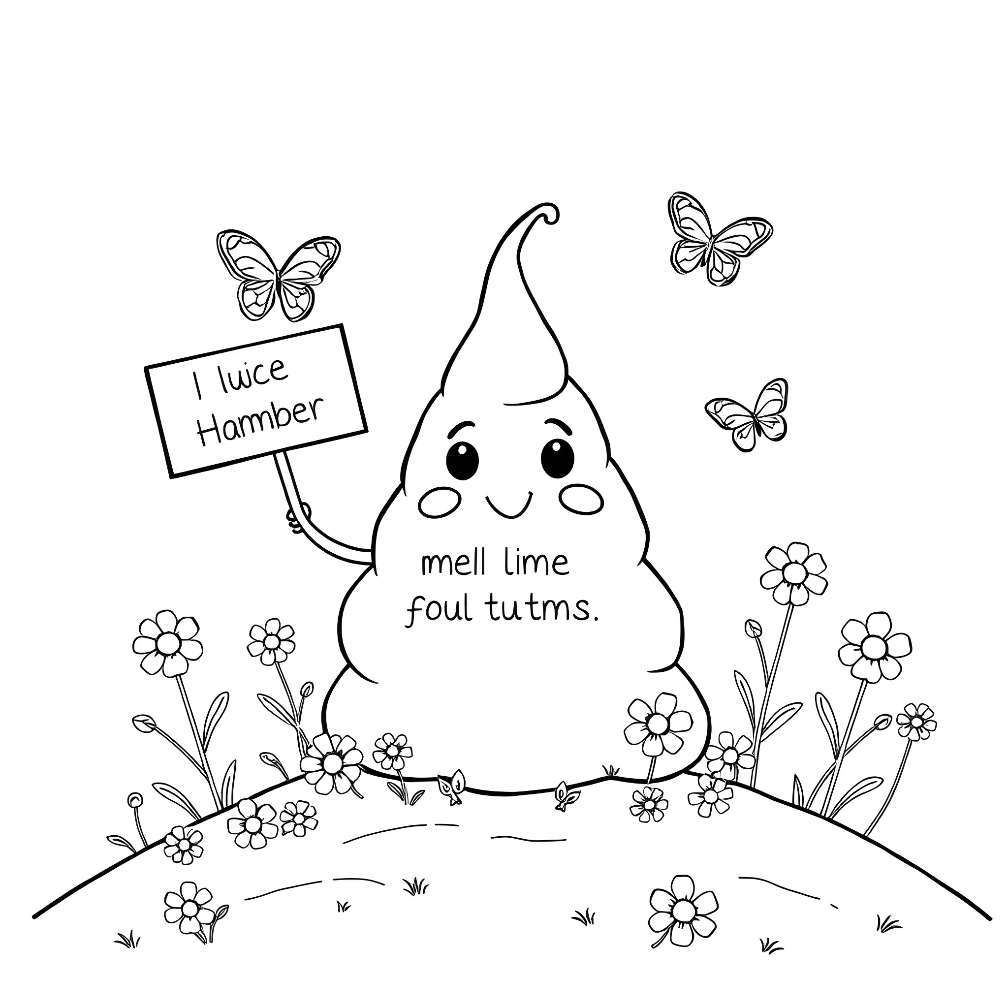 Poop holding a sign with a smelly message Coloring Page (free black-and-white line drawing printable PDF for all, from beginners to advanced learners, including children, teens, adults, and seniors)