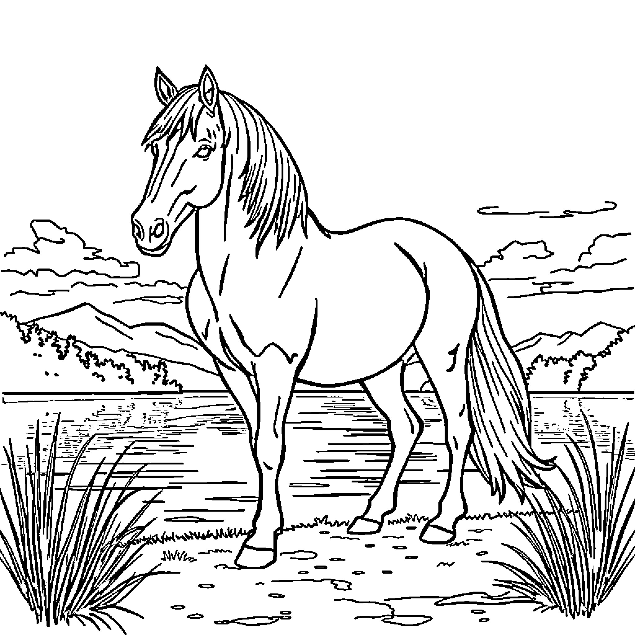 Horse standing majestically in scenic landscape Coloring Page (free black-and-white line drawing printable PDF for all, from beginners to advanced learners, including children, teens, adults, and seniors)
