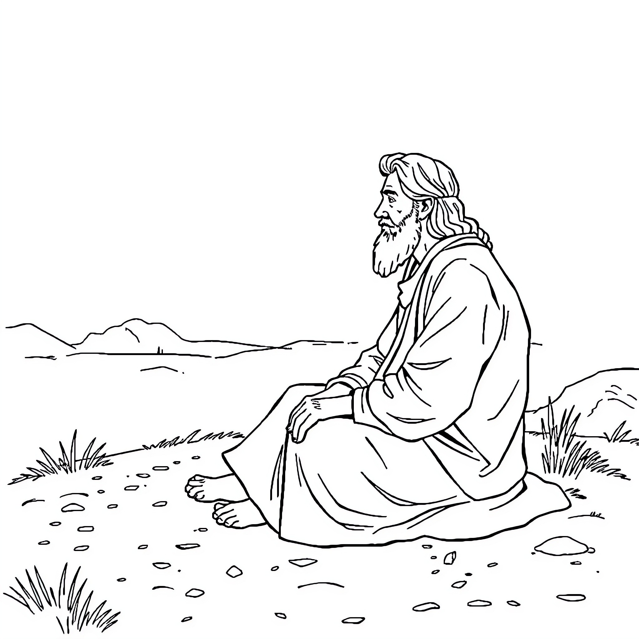 Job of a Thoughtful Man in a Serene Landscape Coloring Page (free black-and-white line drawing printable PDF for all, from beginners to advanced learners, including children, teens, adults, and seniors)