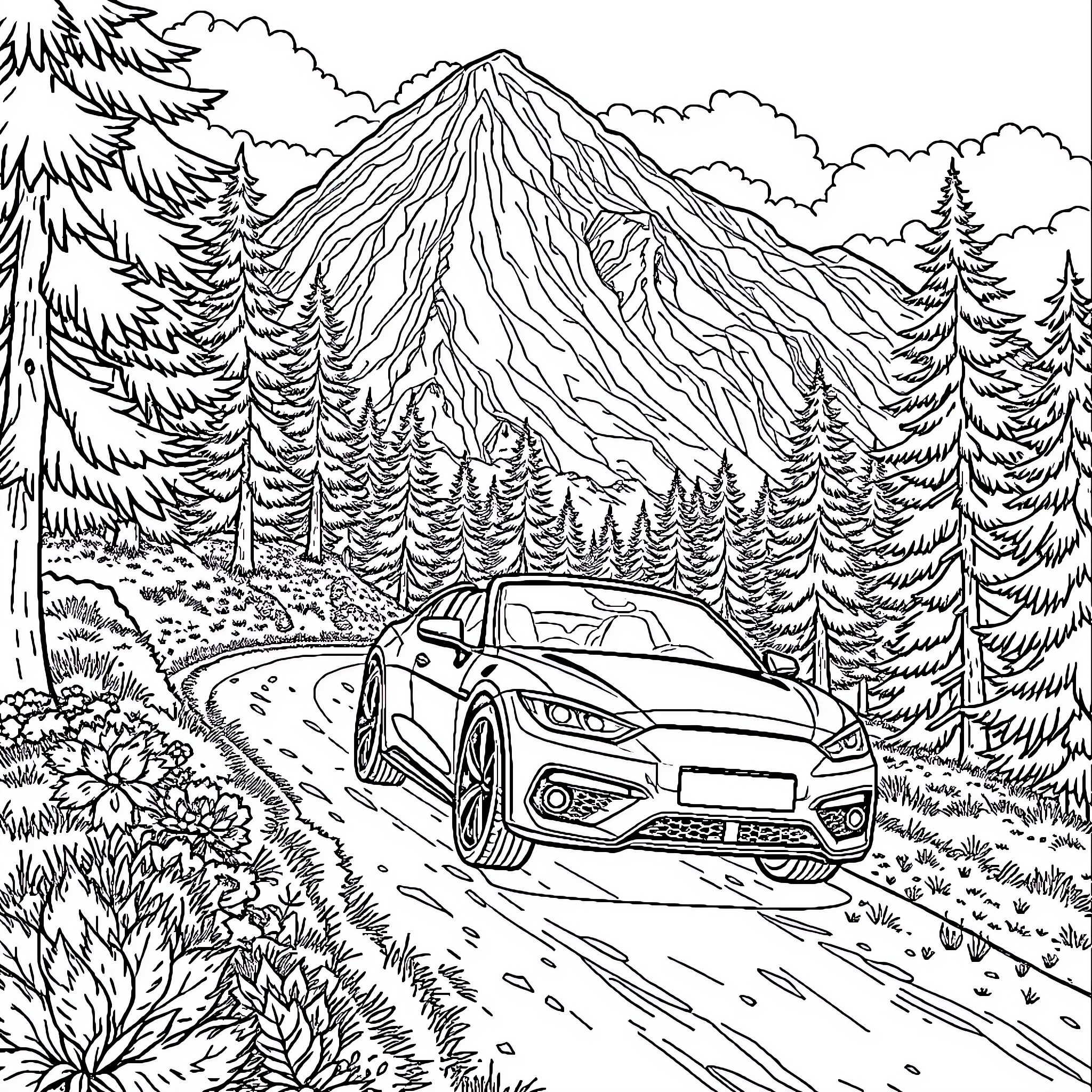 Bus Travels Through Scenic Mountain Landscape Coloring Page (free black-and-white line drawing printable PDF for all, from beginners to advanced learners, including children, teens, adults, and seniors)