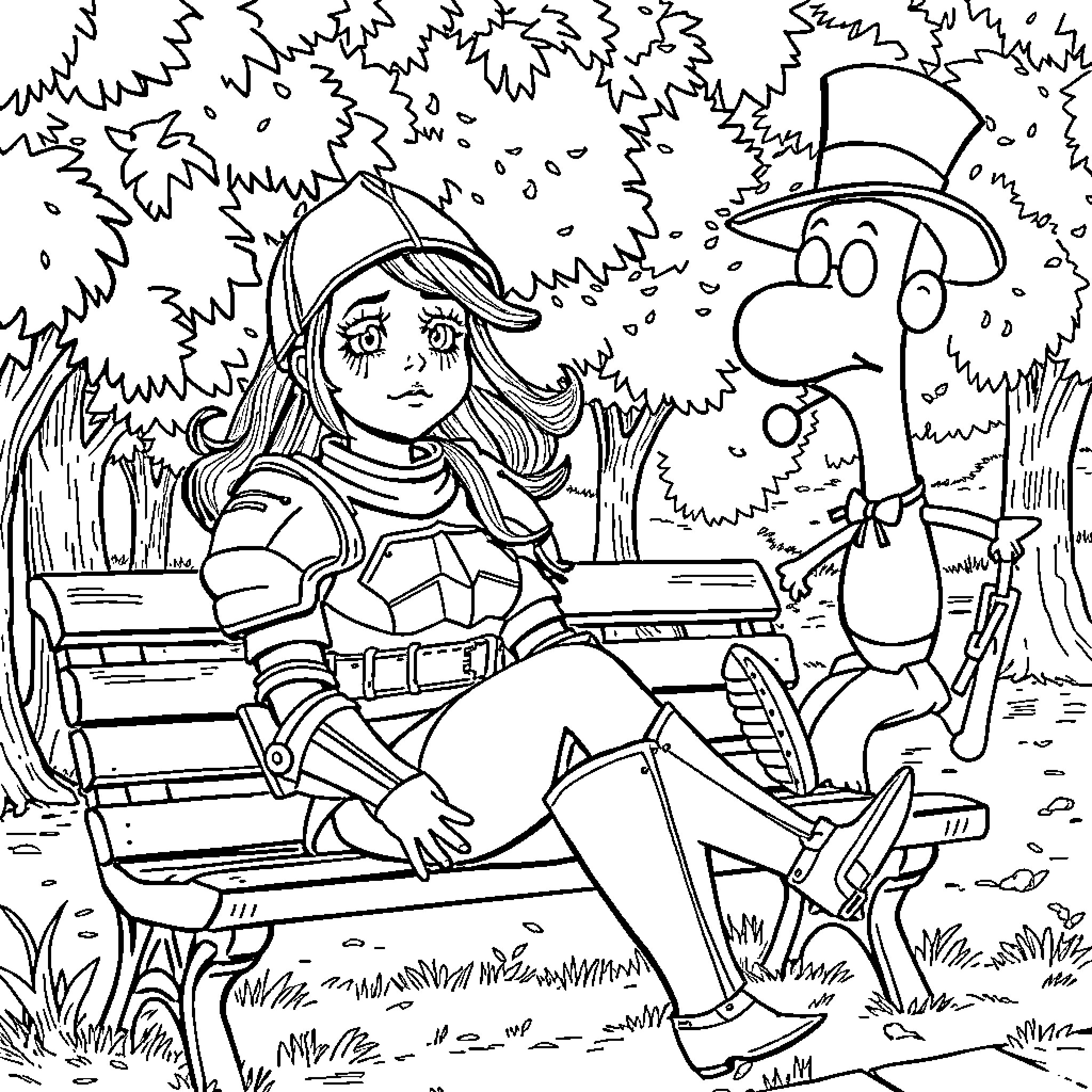 Woman in winter outfit reading book with animal companion Coloring Page (free black-and-white line drawing printable PDF for all, from beginners to advanced learners, including children, teens, adults, and seniors)